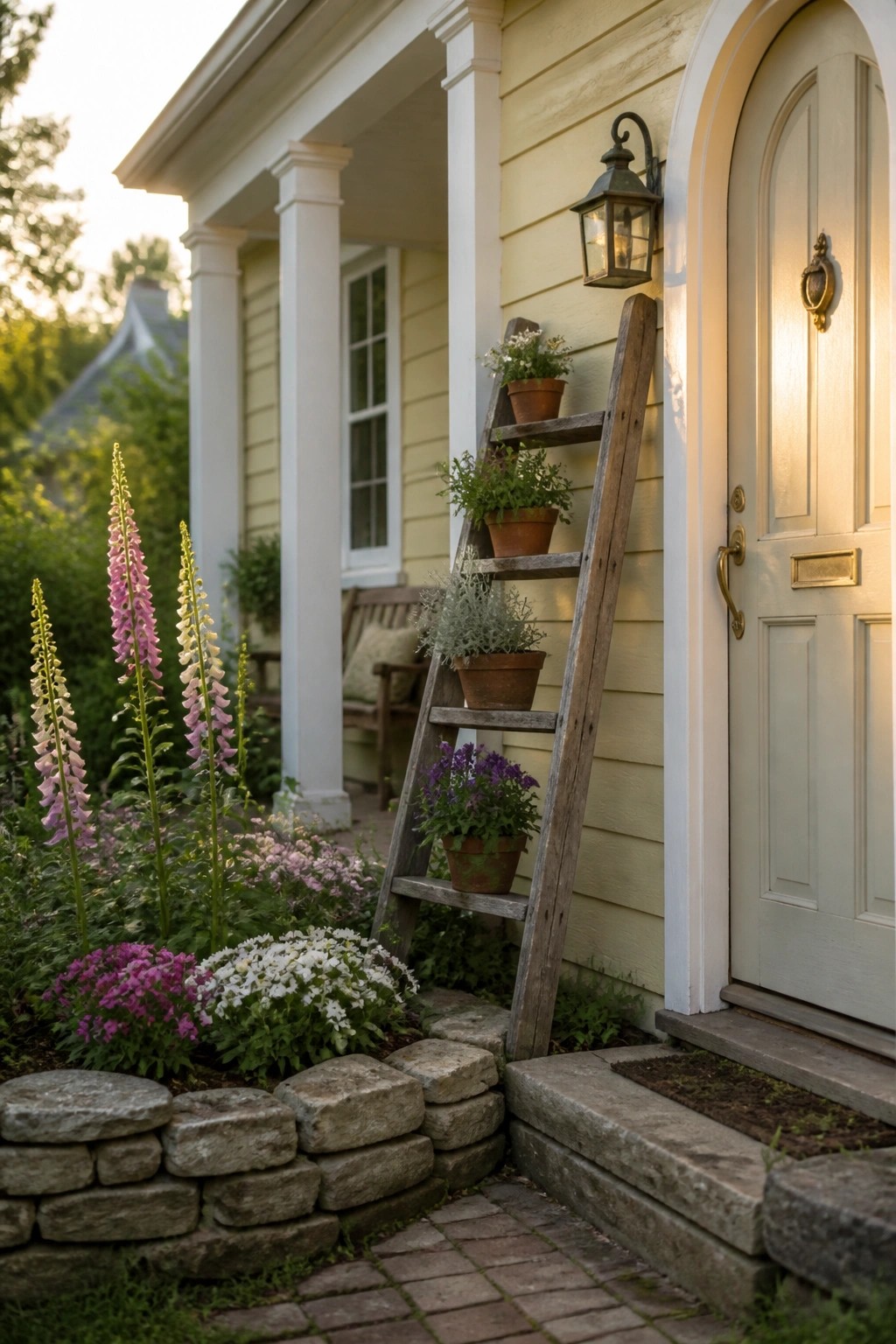 Wooden ladder with potted plants against yellow house beside white door and garden flowers