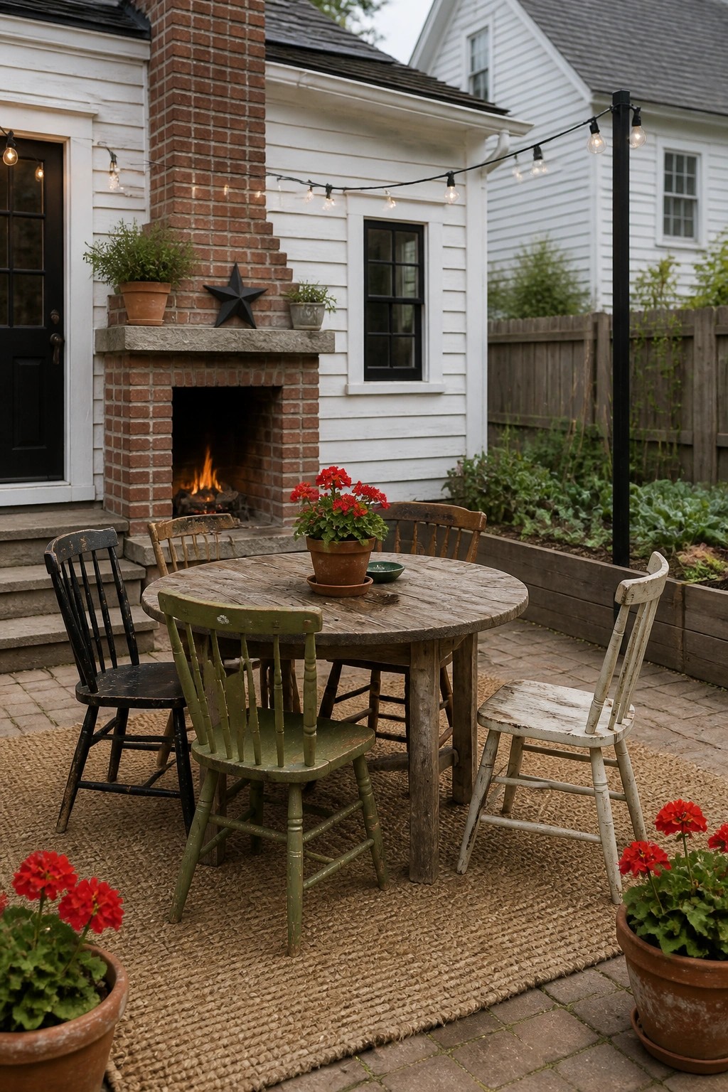Rustic patio with round wooden table, mismatched chairs, red flowers, and brick fireplace.