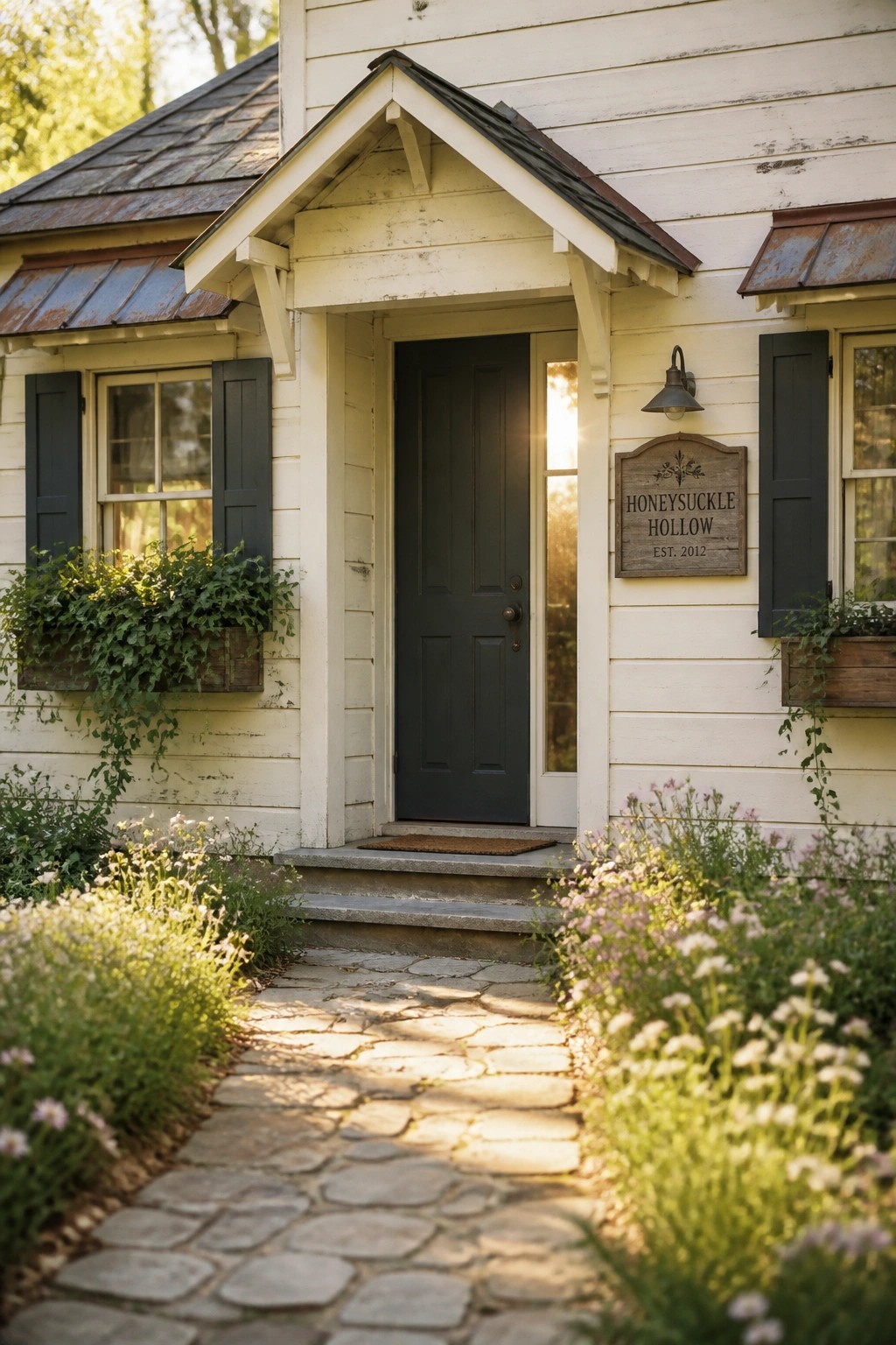 Front view of a white wooden farmhouse with a dark gray door, black shutters, a small covered porch, and a stone pathway bordered by flower beds.