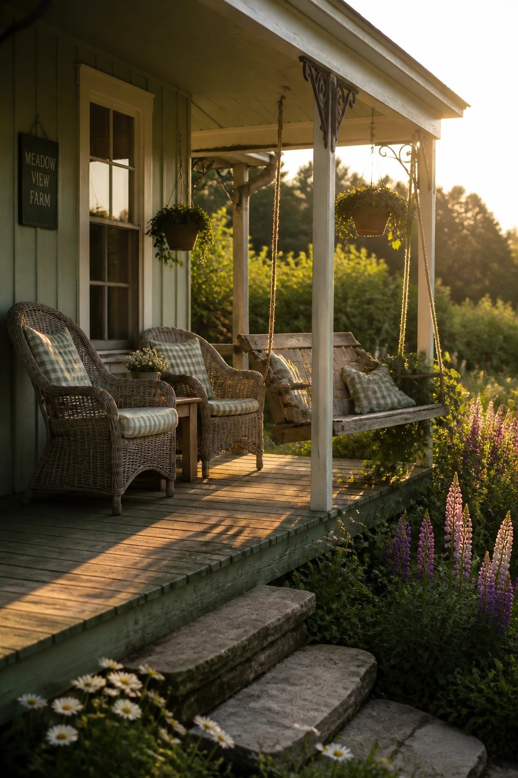 Rustic porch with wicker chairs, wooden swing, hanging plants, and garden flowers
