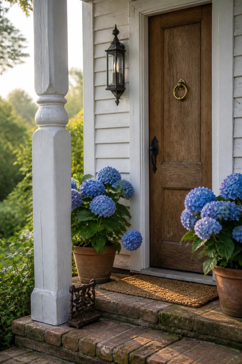 Wooden door with blue hydrangeas in pots on brick porch steps with white pillar