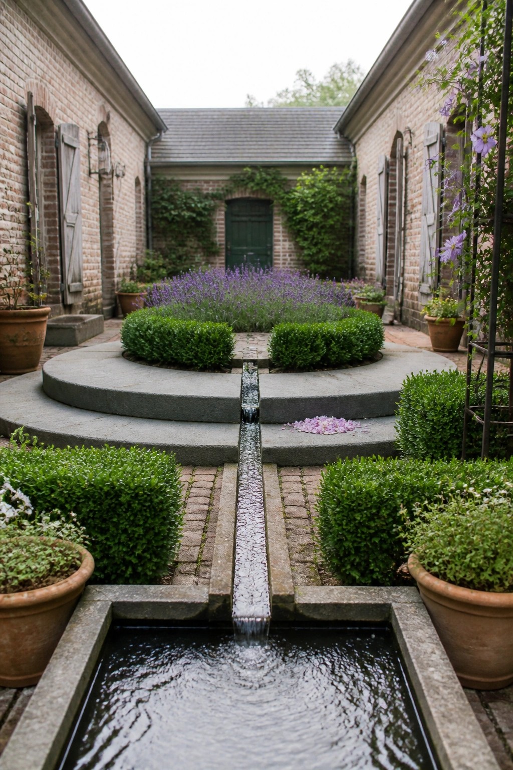 A courtyard garden with a long stone water channel flowing from circular raised beds into a rectangular basin, surrounded by brick buildings and clipped boxwood hedges.