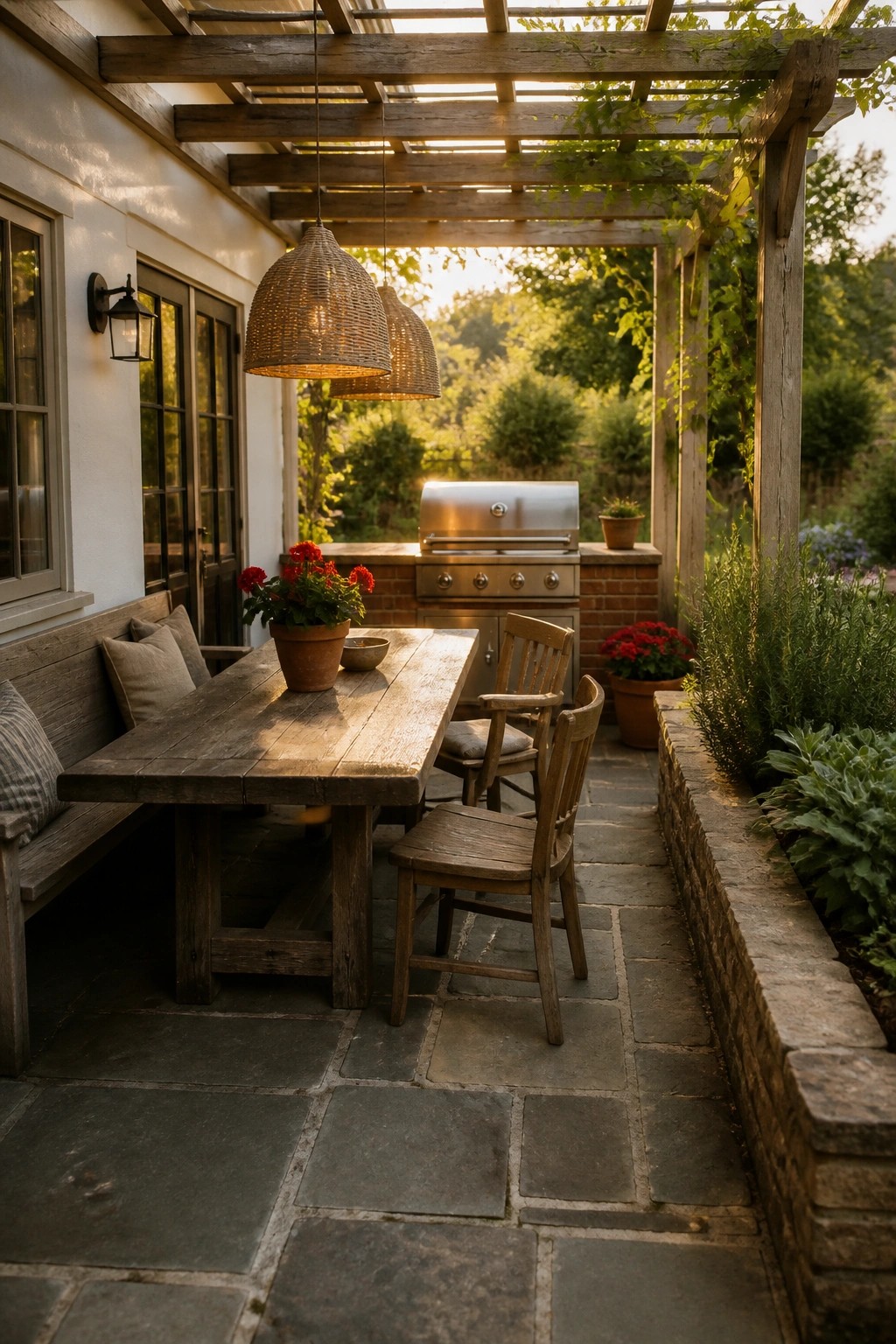 A rustic wooden dining table with a bench and chairs sits on a stone patio beneath a wooden pergola with woven pendant lights, next to a built-in stainless grill and potted red flowers.