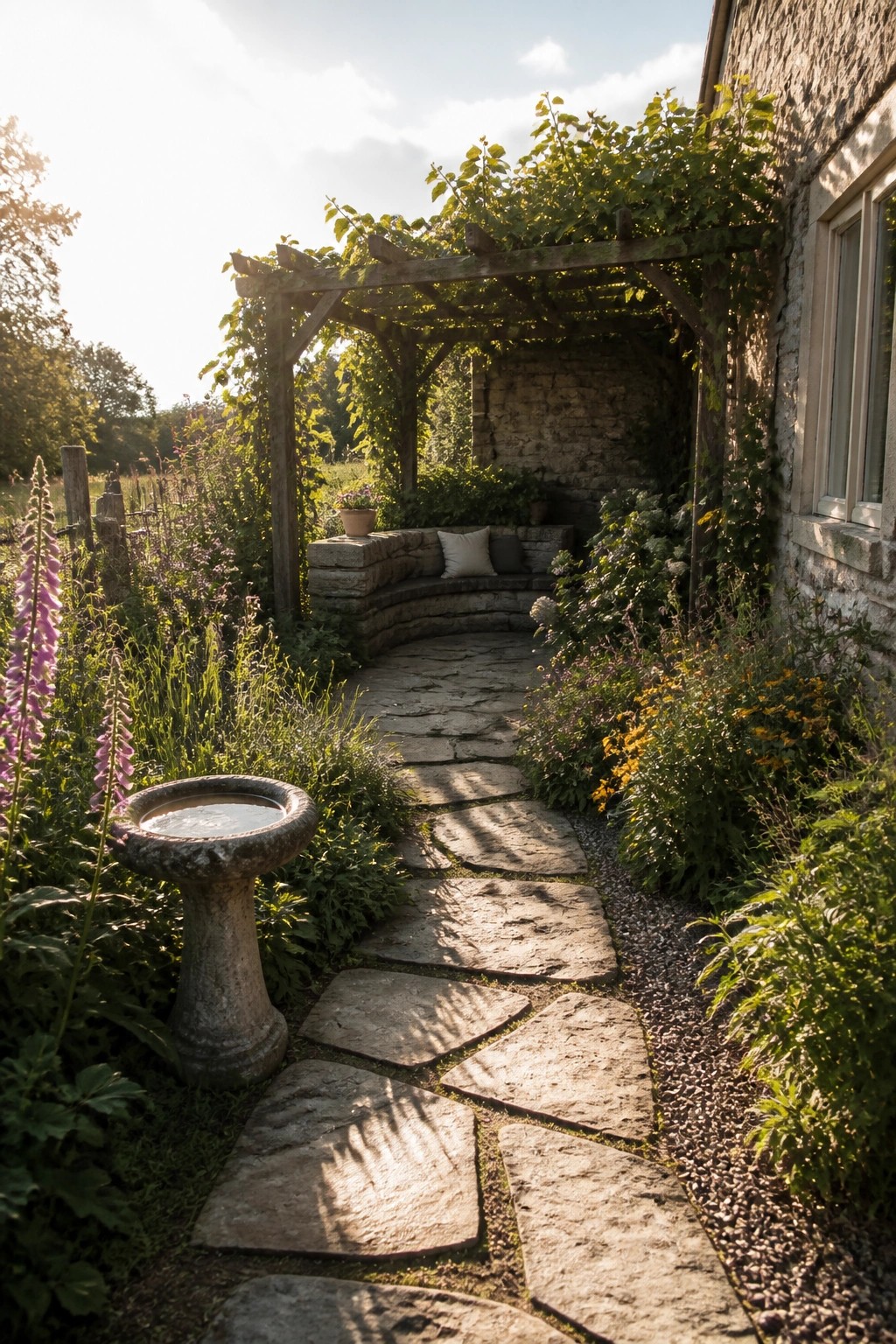 A winding stone pathway leads through garden beds with flowers and greenery toward a wooden pergola beside an old stone house.