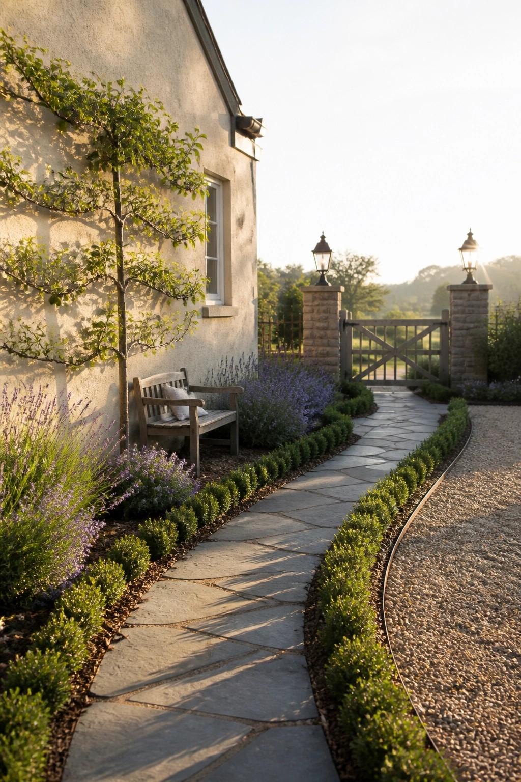 A curved stone pathway runs alongside a stucco house wall with a wooden bench and lavender plantings, leading toward a wooden gate between stone pillars.