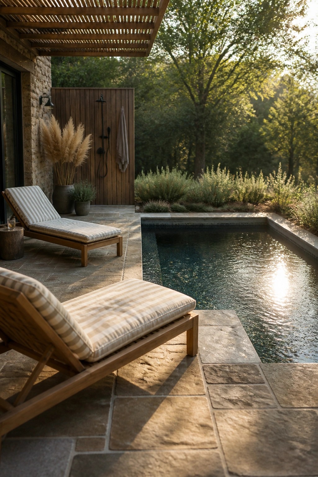 A rectangular pool with stone decking, two striped wooden lounge chairs, and a wooden outdoor shower structure surrounded by trees and plants.