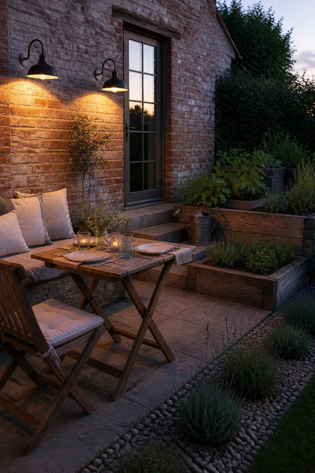 A wooden dining table and chairs sit on a stone patio next to a brick house wall, lit by two black wall sconces, with raised garden beds visible nearby.