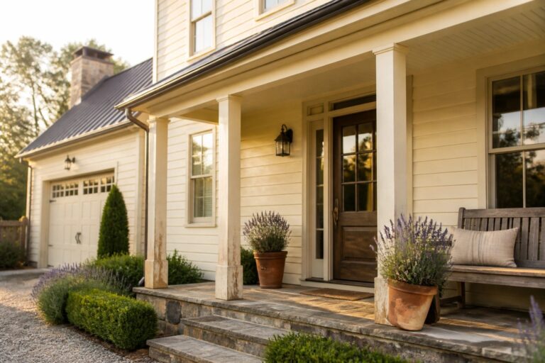A farmhouse exterior with warm creamy white siding and a stone foundation.