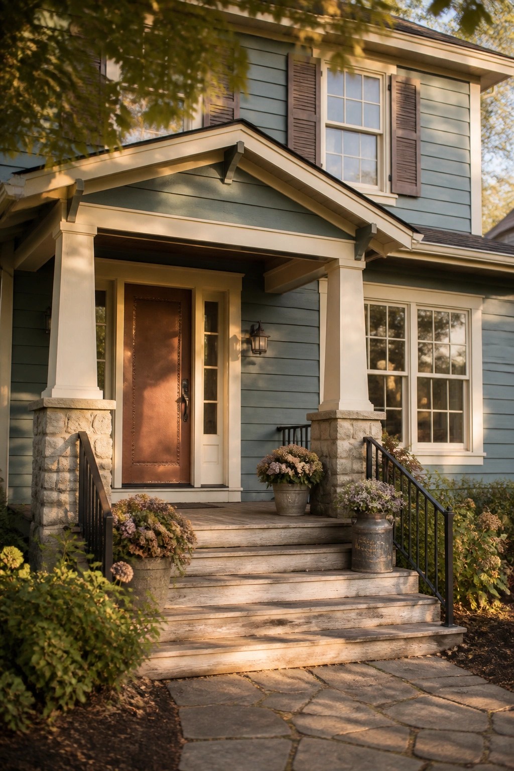 A house exterior painted in soft blue-green siding with white trim and stone details.