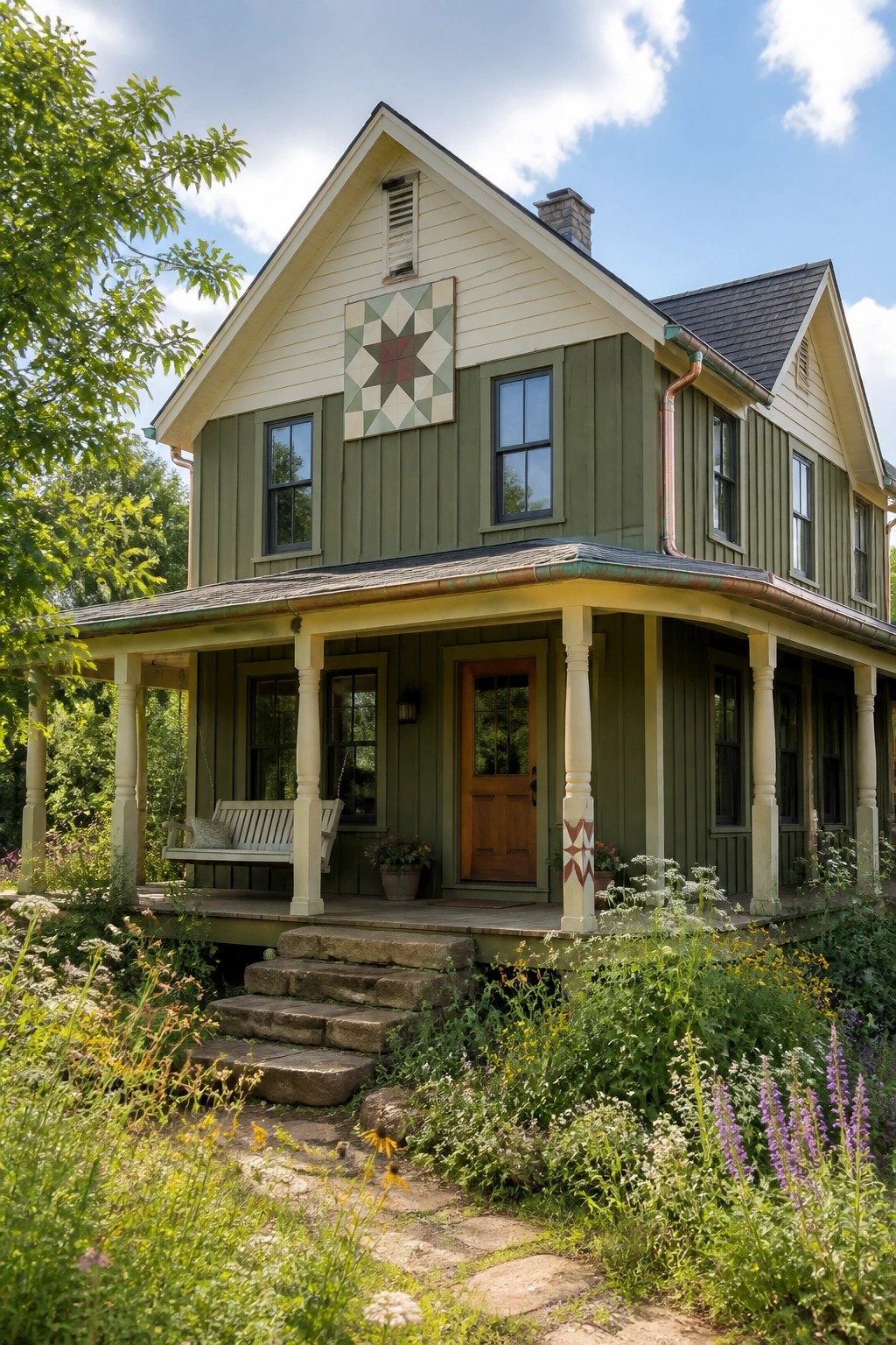 A rustic farmhouse exterior painted in muted sage green siding with white trim and a wood door.