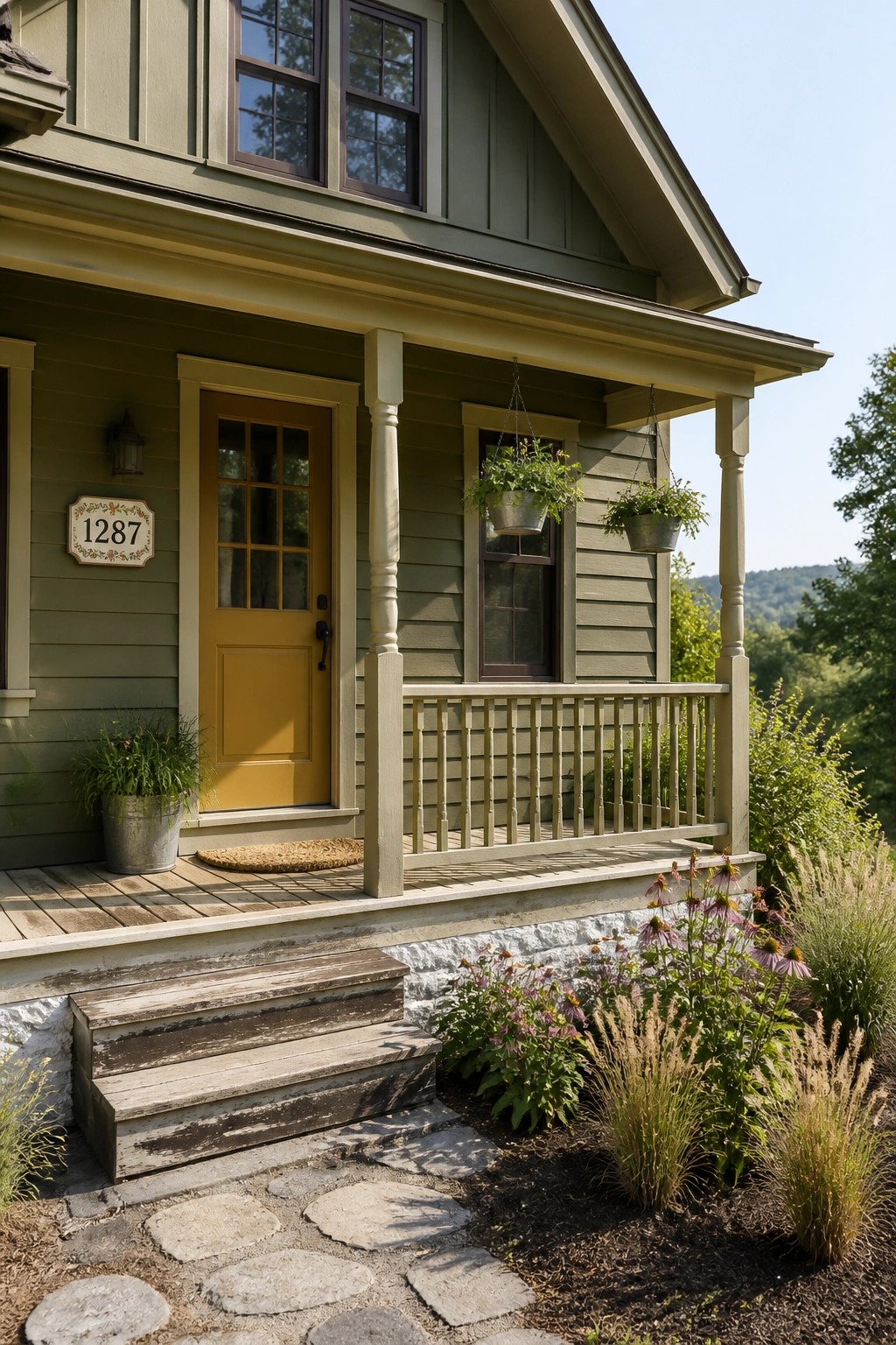 Green painted siding on a farmhouse exterior with a wooden porch.