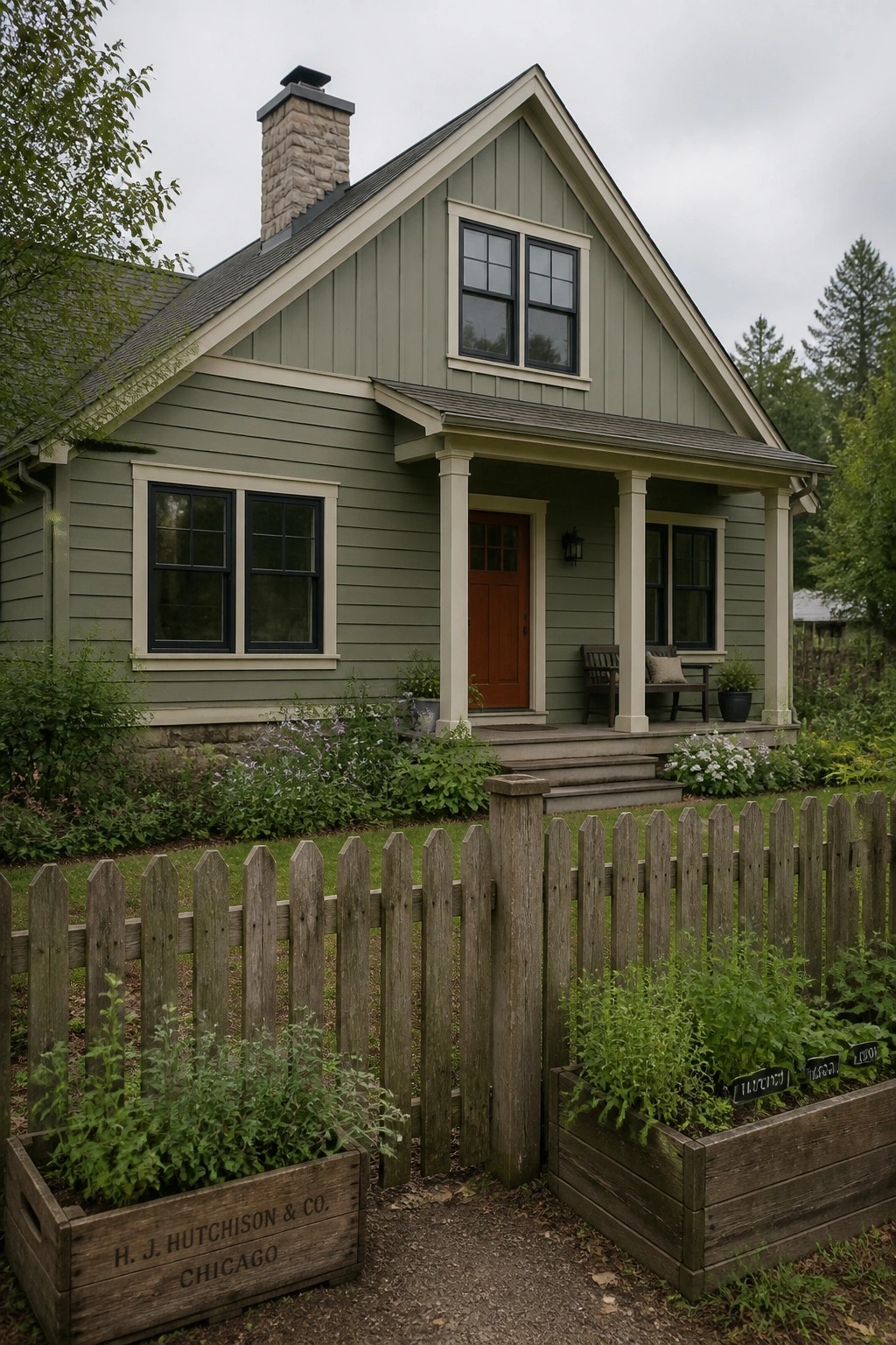Green house with porch behind wooden picket fence and garden beds