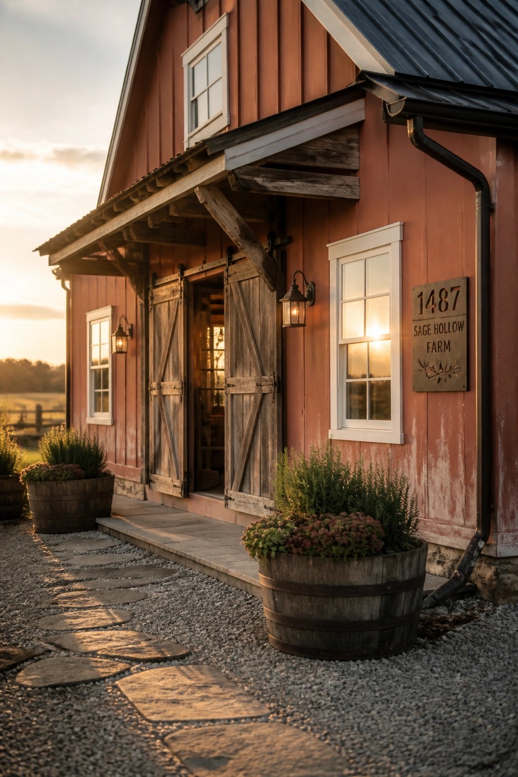 Red painted wood siding on a rustic farmhouse exterior.