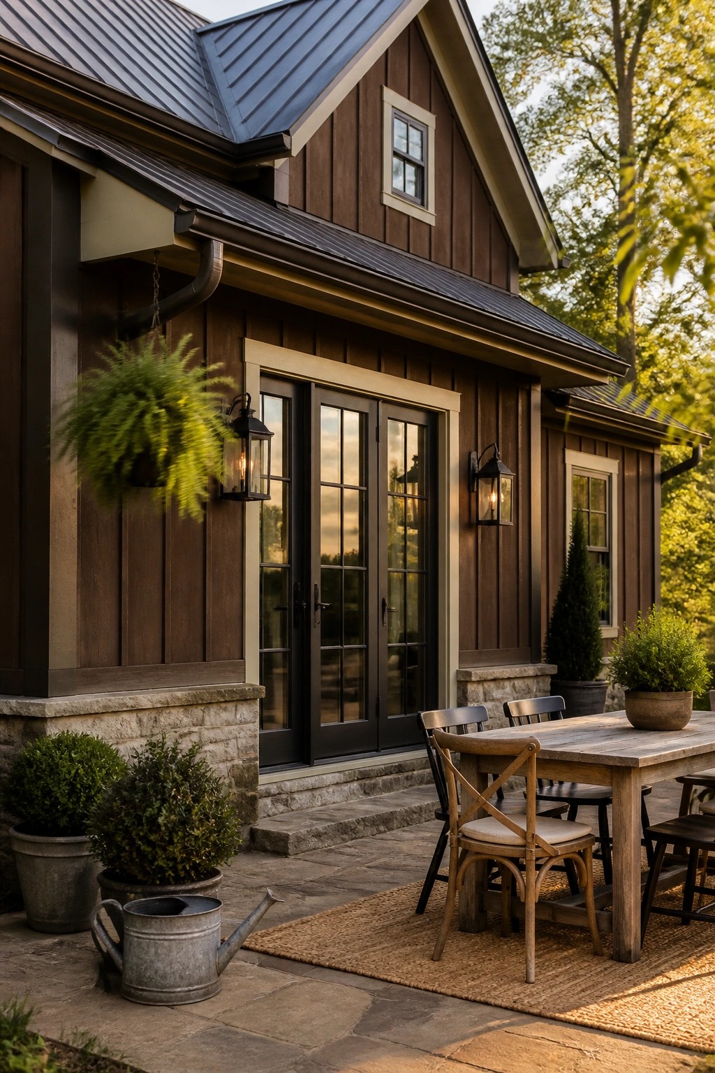 A rustic farmhouse exterior with deep brown wood siding.