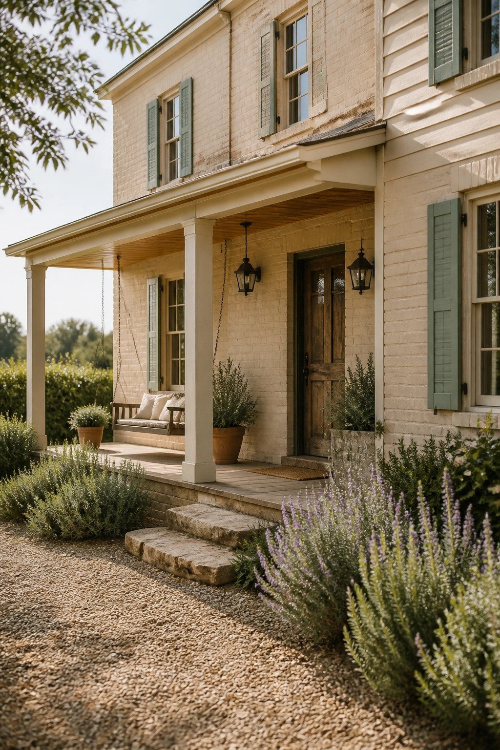 A rustic farmhouse exterior with warm cream painted brick.