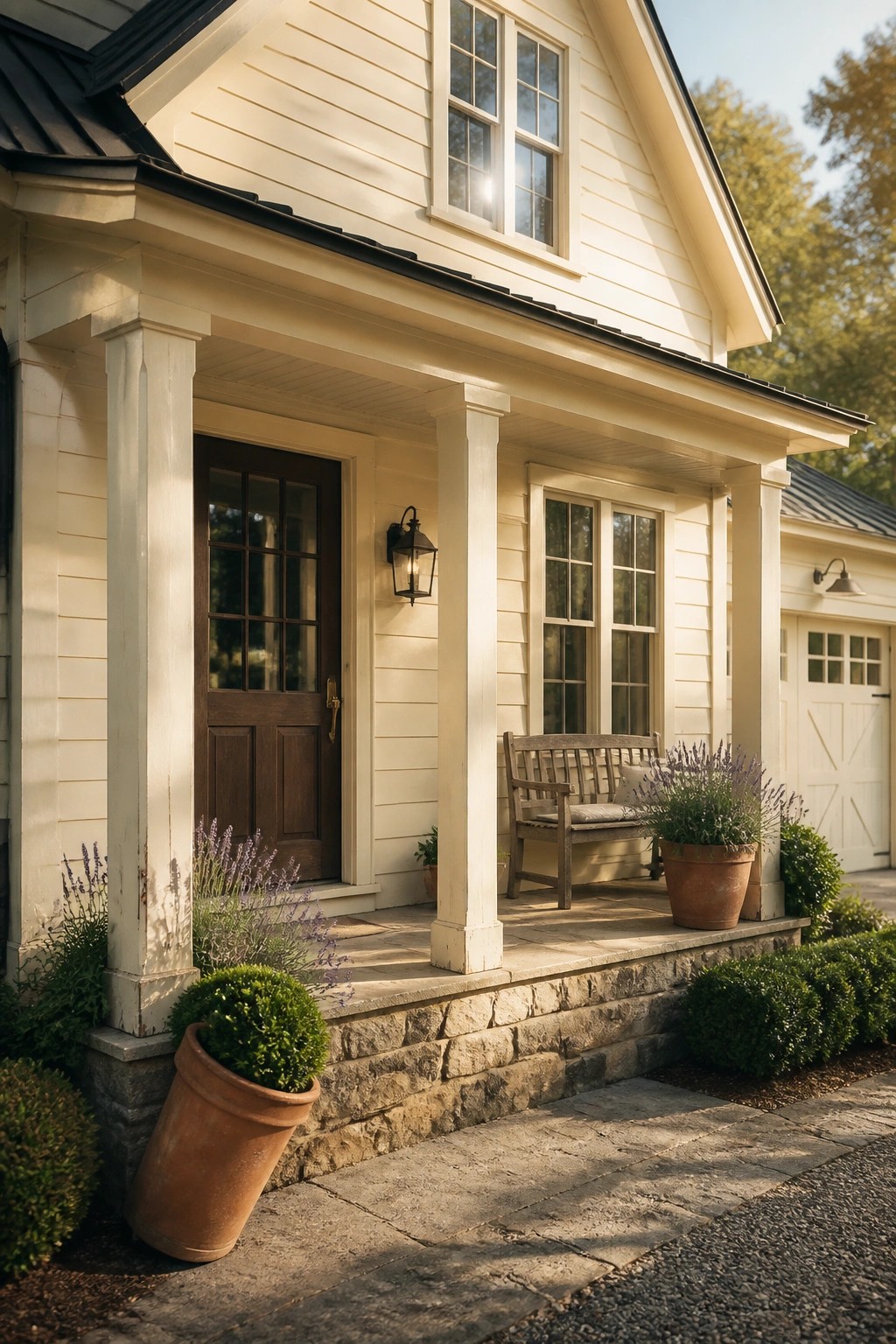 A farmhouse exterior with warm creamy white siding and a stone foundation.