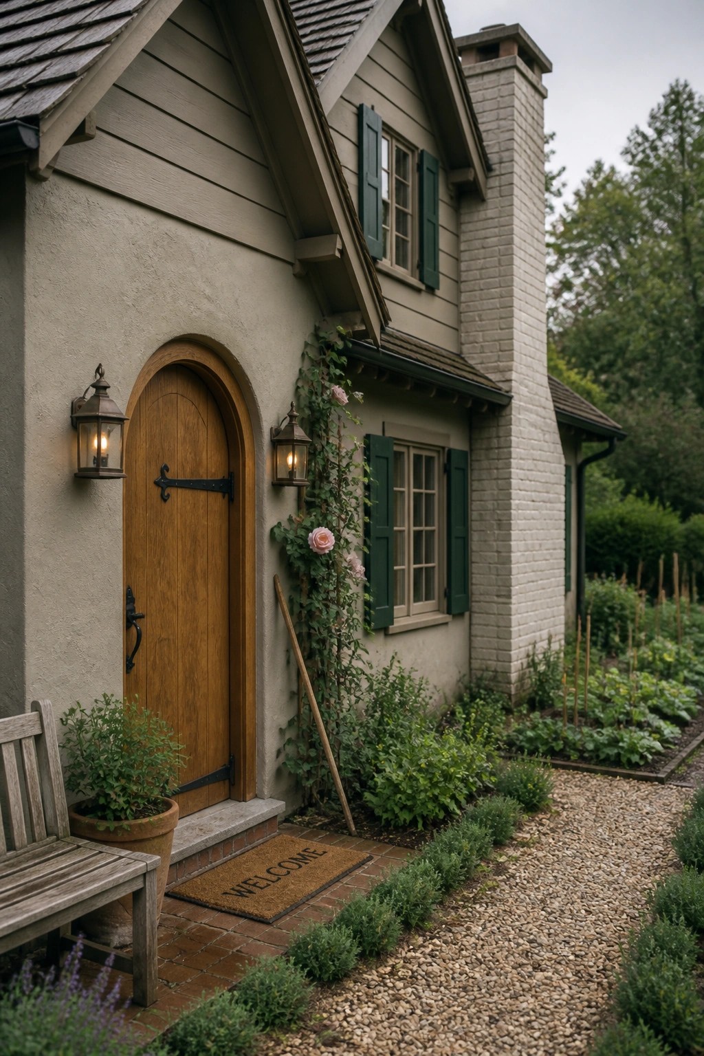 Light greige siding on a rustic farmhouse exterior with a stone chimney and wooden door.