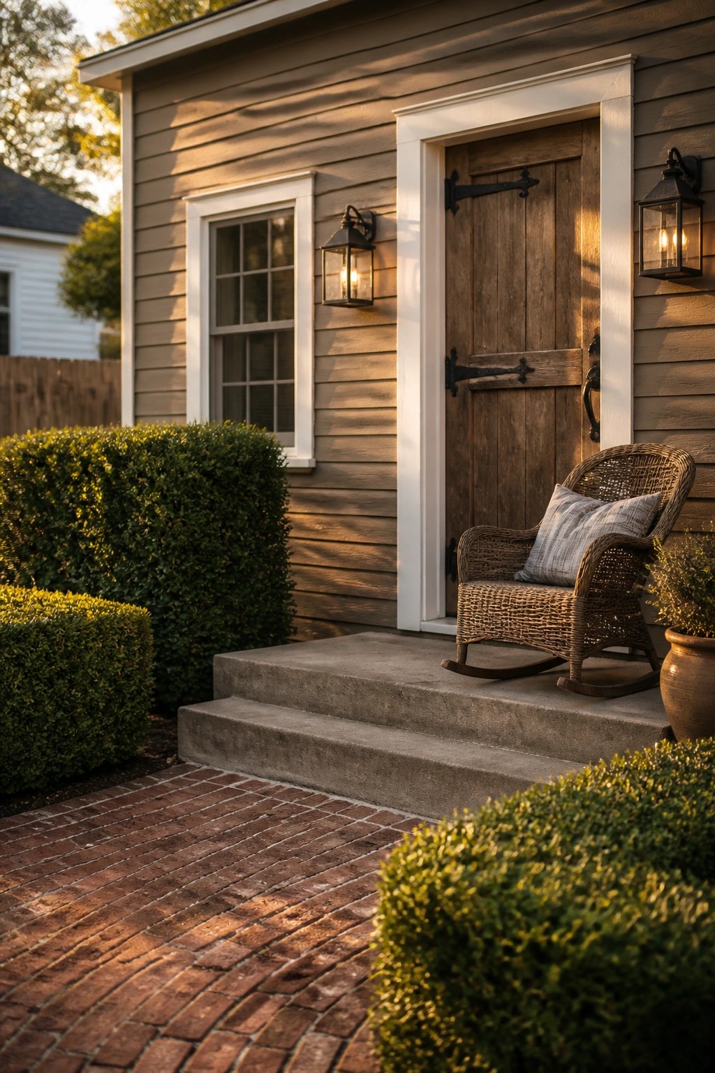A house exterior with warm greige siding next to a wooden door.