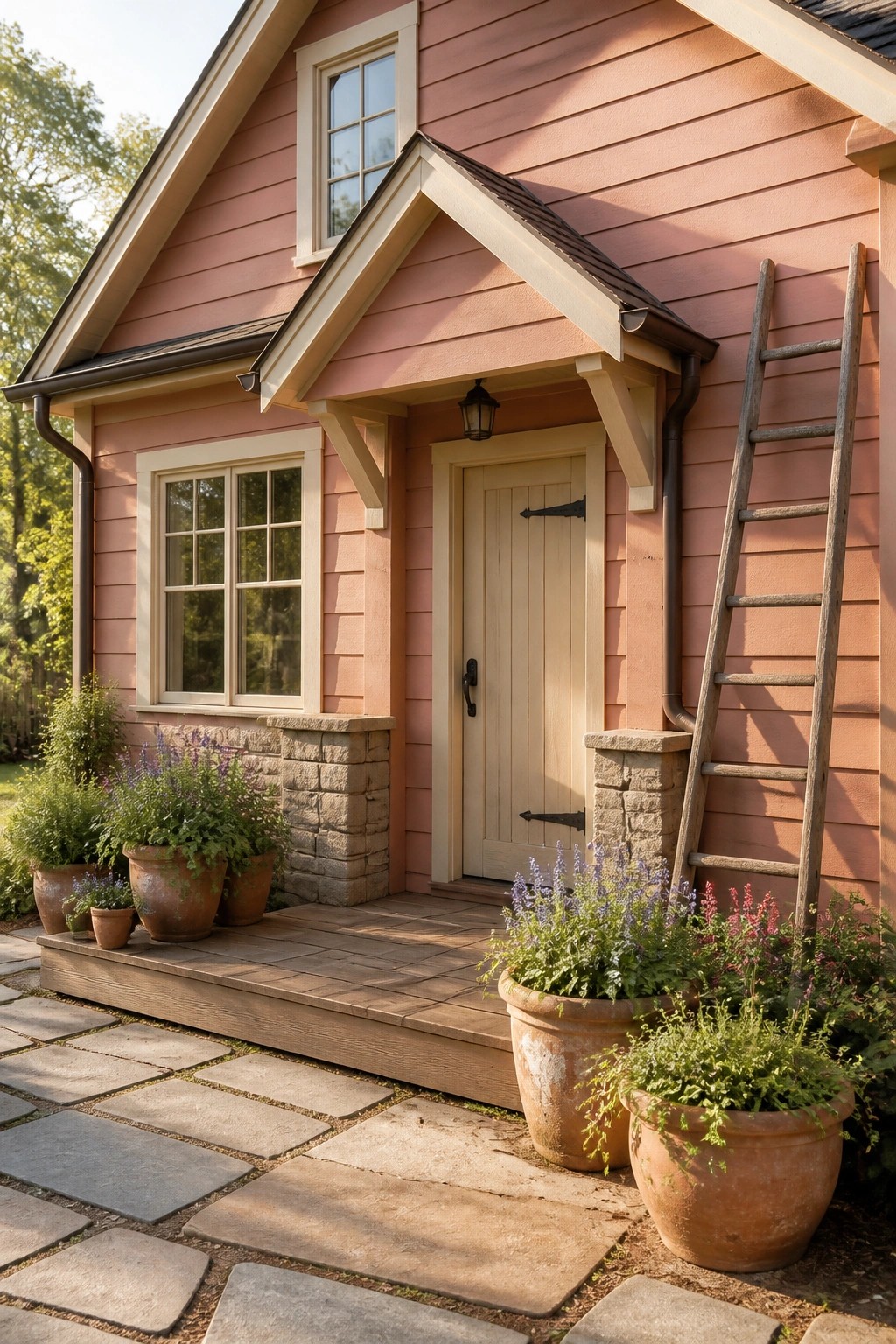 Pink siding on a rustic farmhouse exterior.
