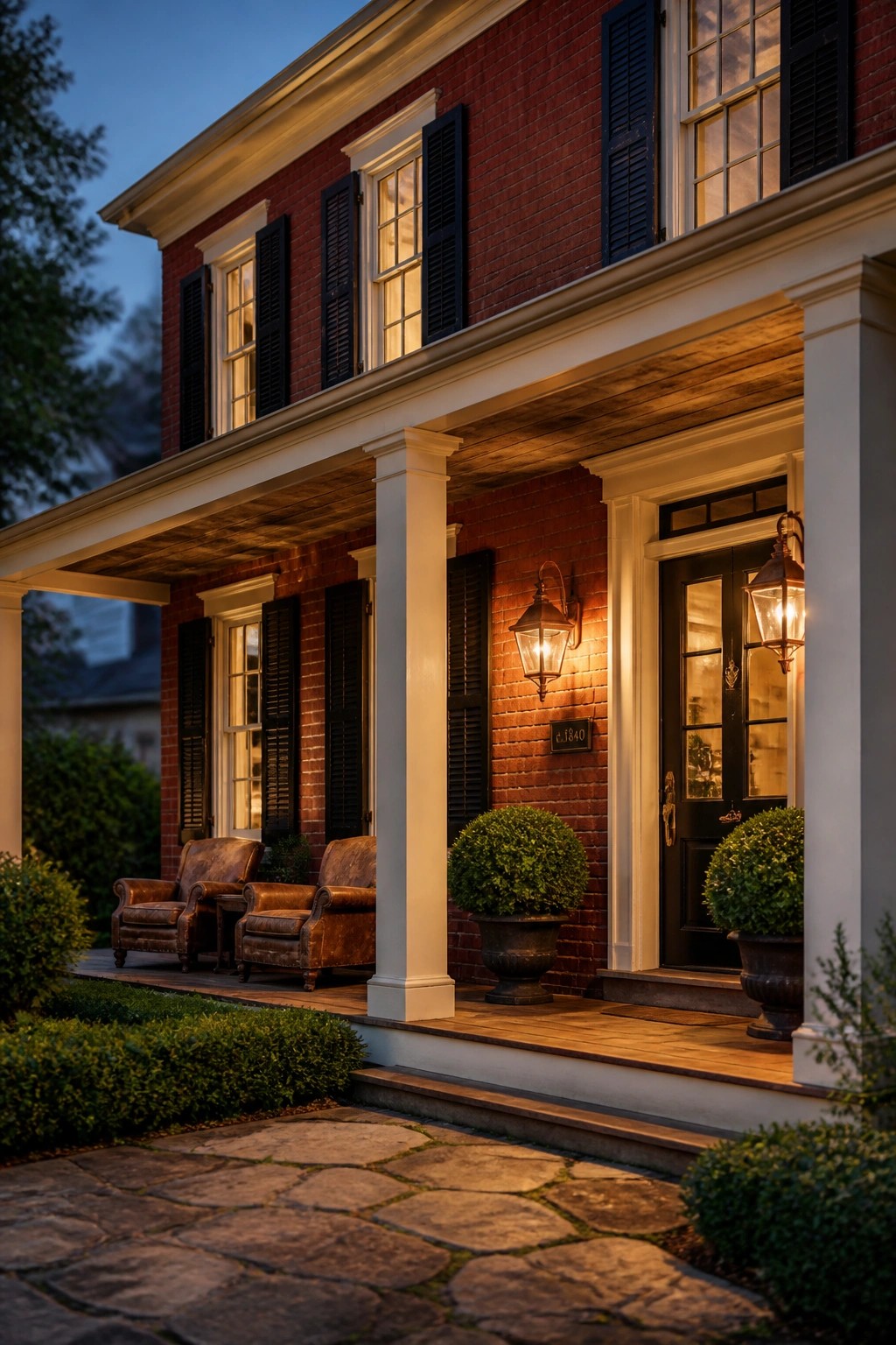 Red brick house porch with leather armchairs, white columns, and glowing lanterns at dusk.