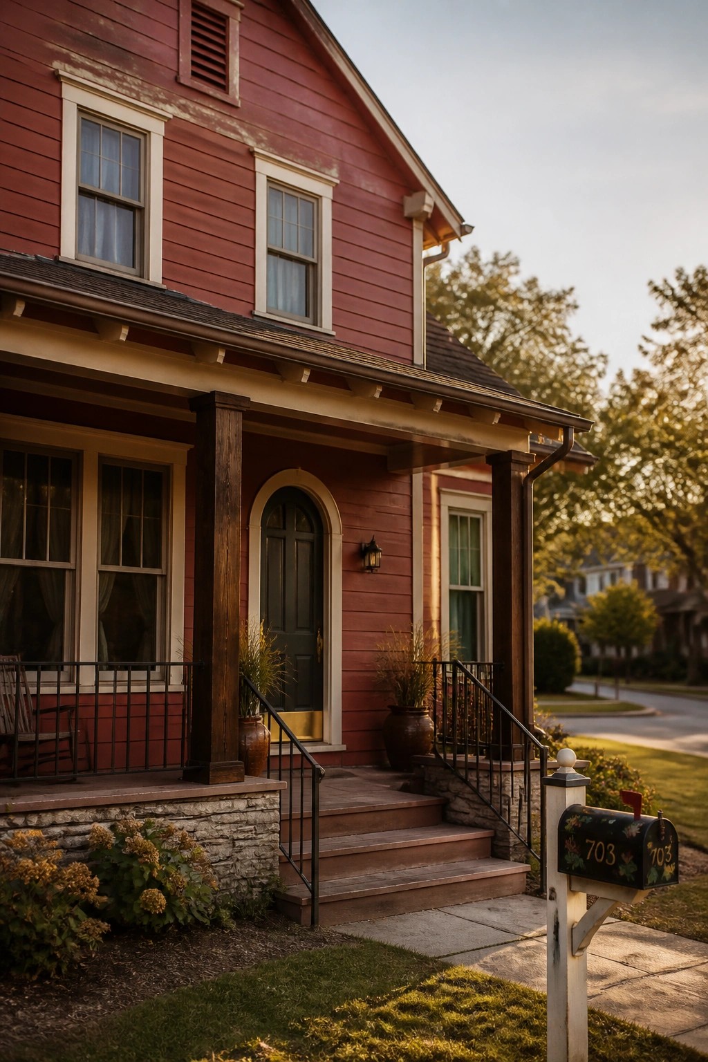 A red painted house exterior with a front porch and steps.