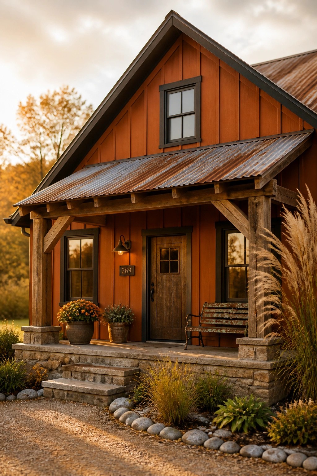 A farmhouse exterior painted in warm terracotta with wood trim and a metal roof.