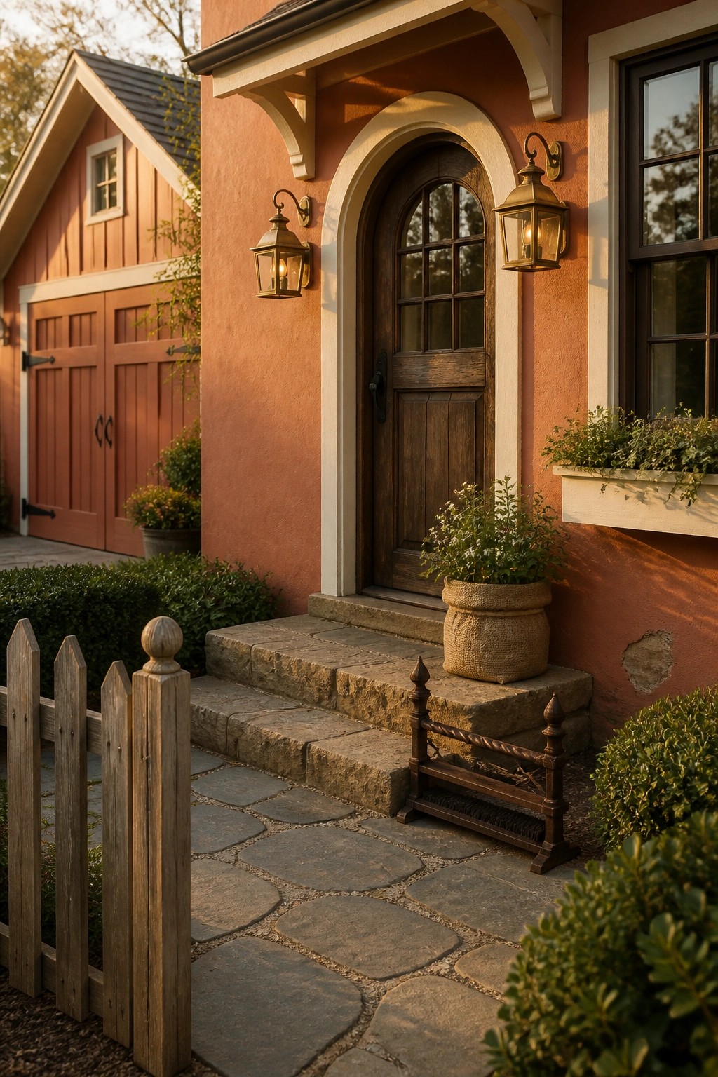 A house exterior painted in warm terracotta with a wooden front door and stone steps.