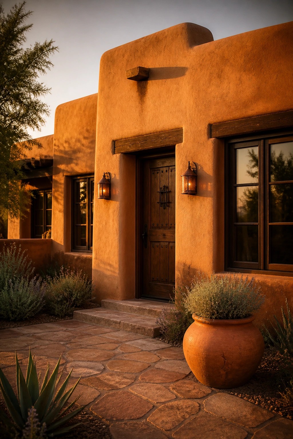 A rustic farmhouse exterior finished in warm terracotta stucco.
