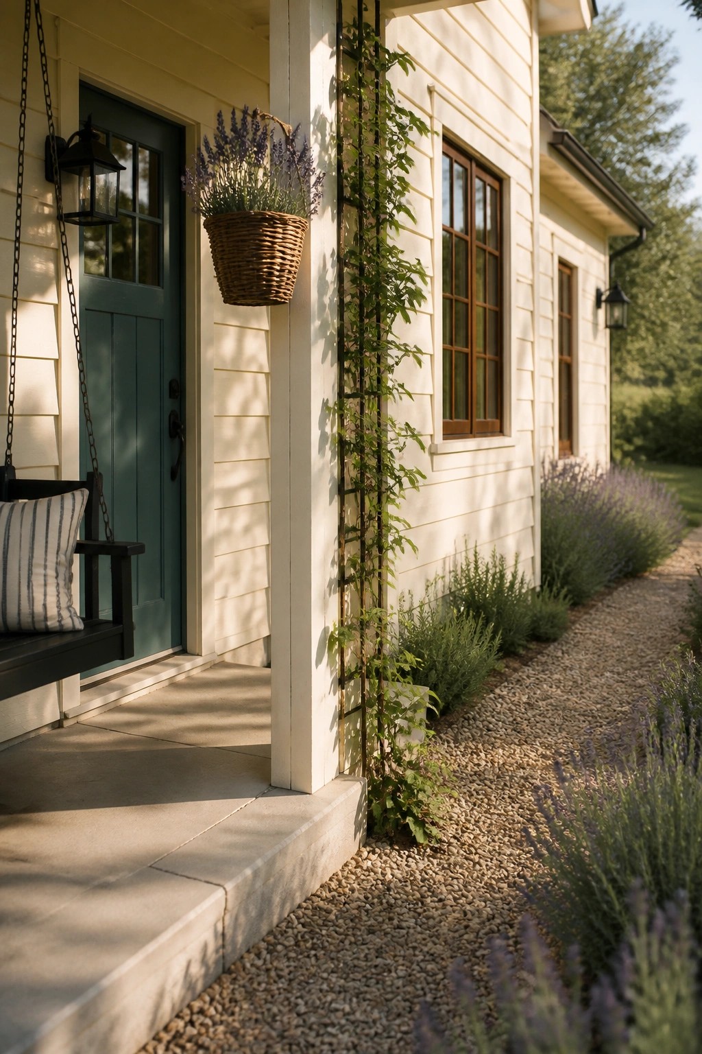 Warm white siding on a rustic farmhouse exterior with a teal door.
