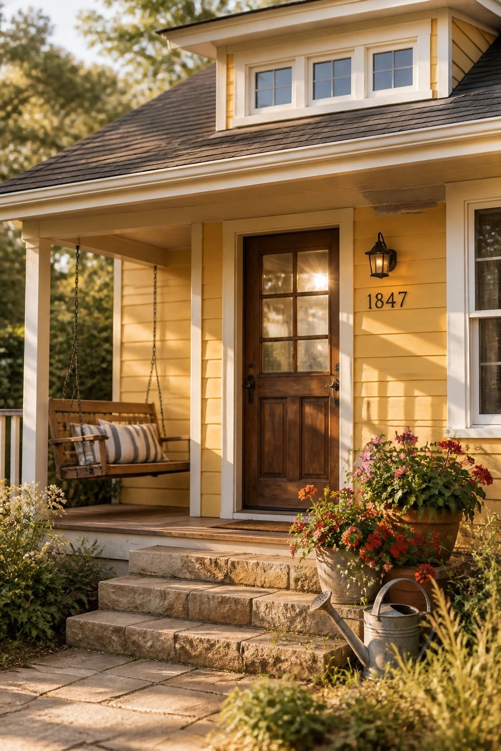 A farmhouse exterior with soft yellow siding and a wooden front door.