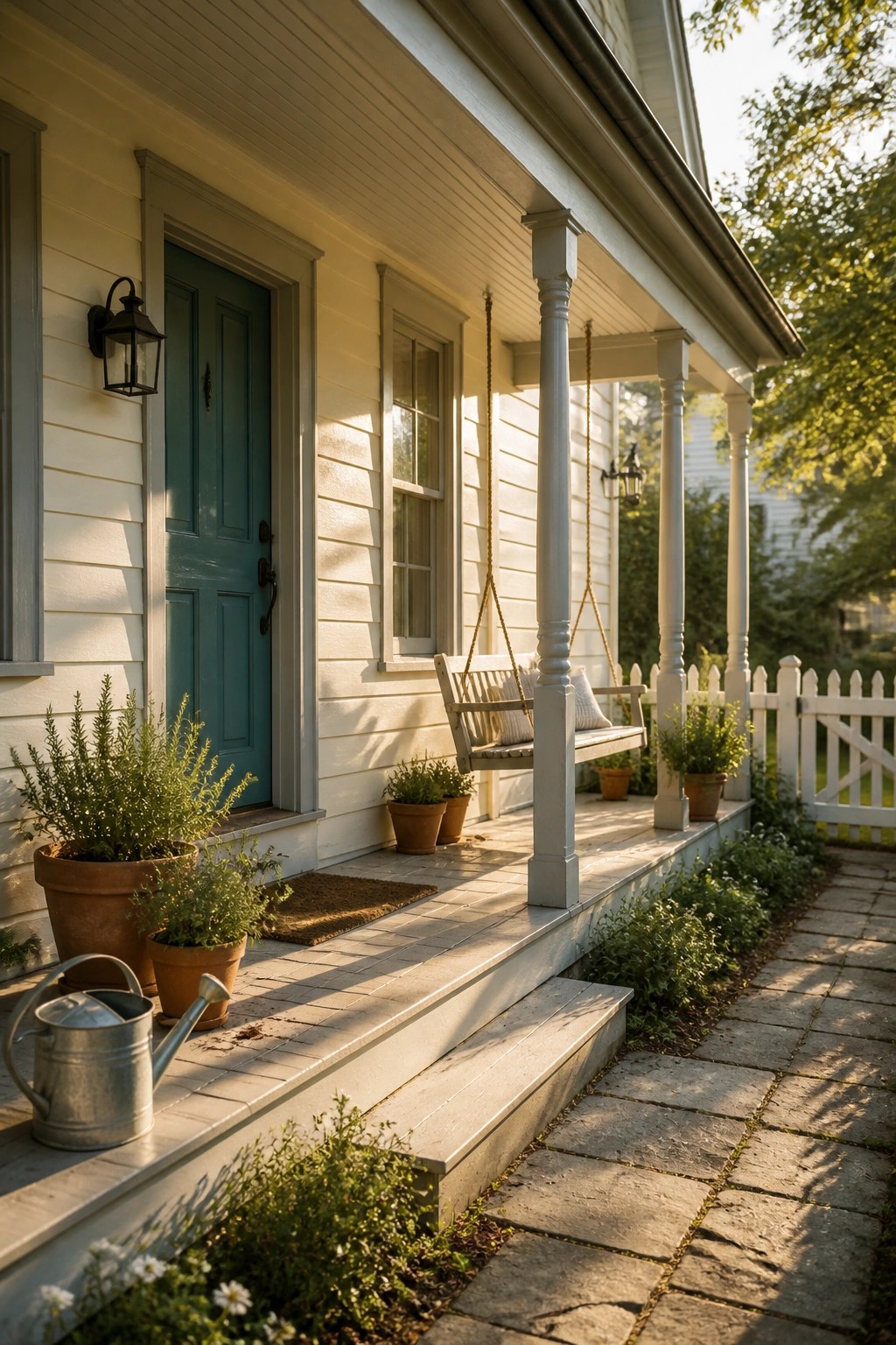 A muted teal door on a white farmhouse porch with a wooden swing.