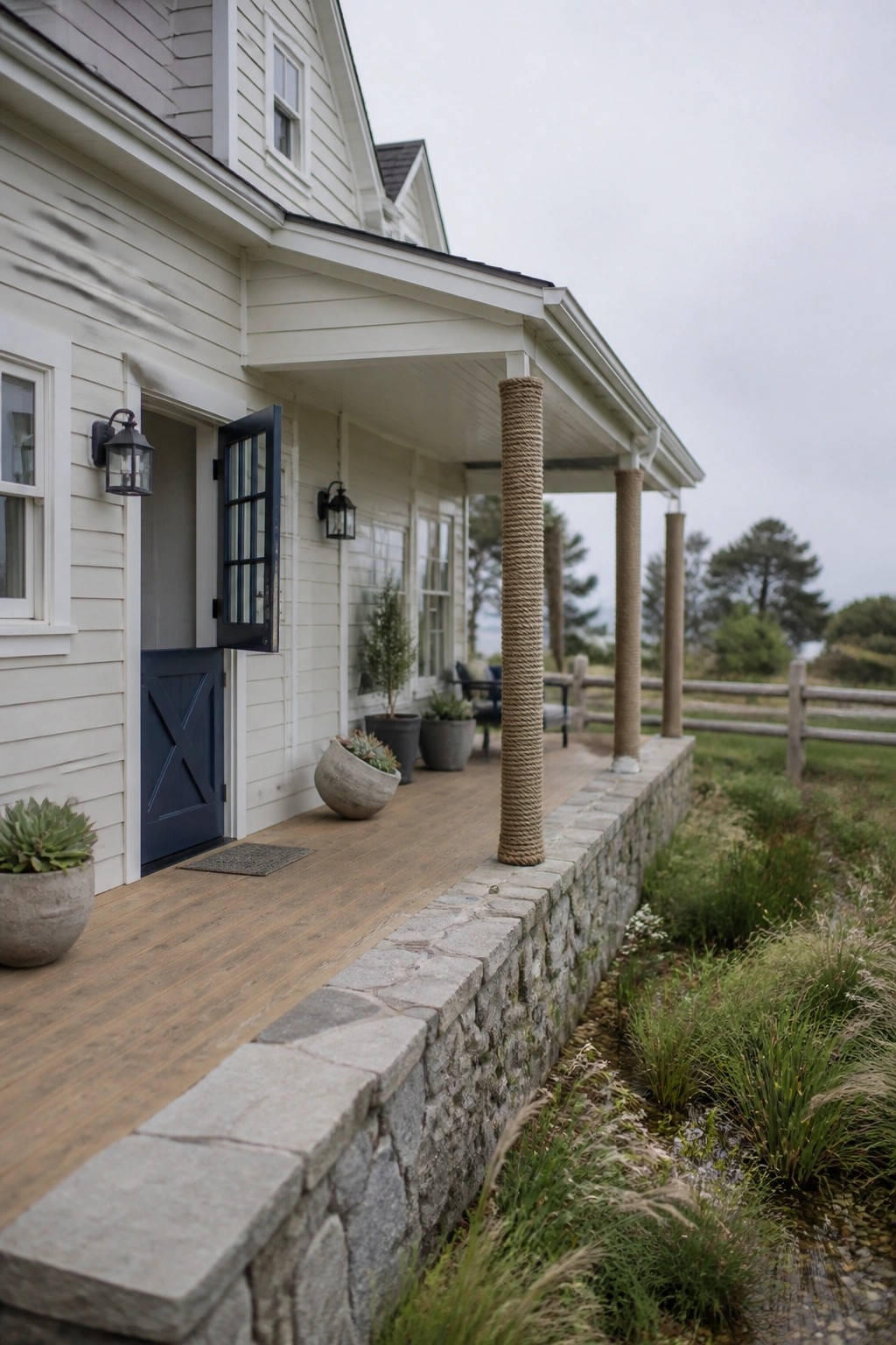 Creamy white siding on a coastal farmhouse porch with wood flooring and stone base.