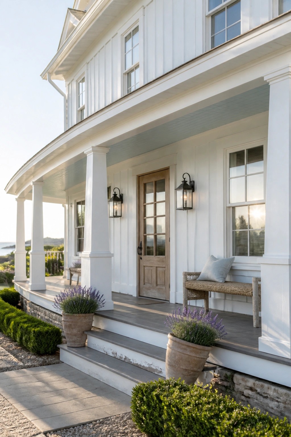 White siding and porch on a coastal farmhouse exterior.