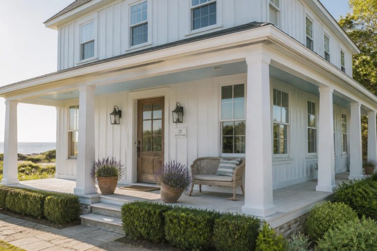 White siding and porch on a coastal farmhouse exterior.