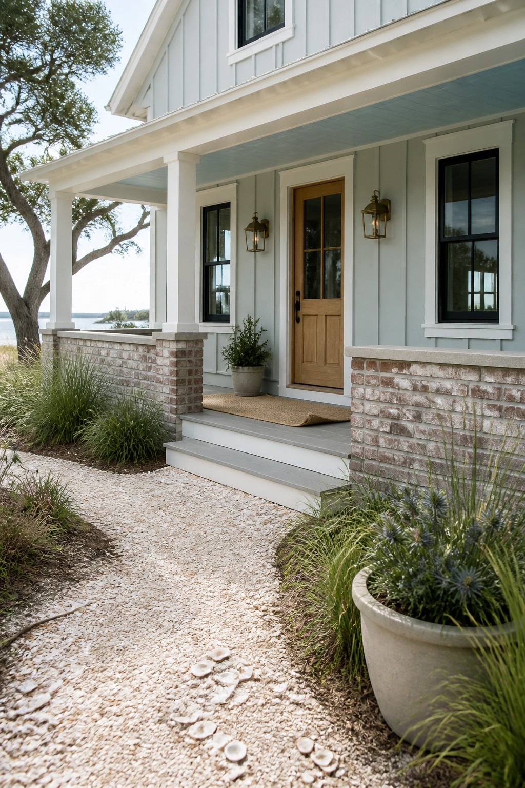 Light blue coastal house with wooden door, brick porch, and gravel path.