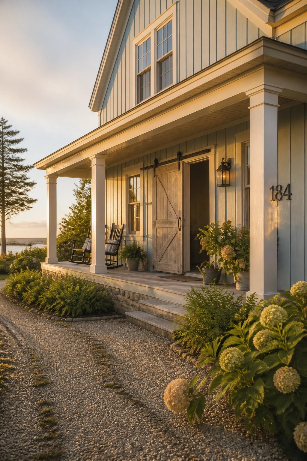 A house exterior with soft blue gray siding and white porch columns.