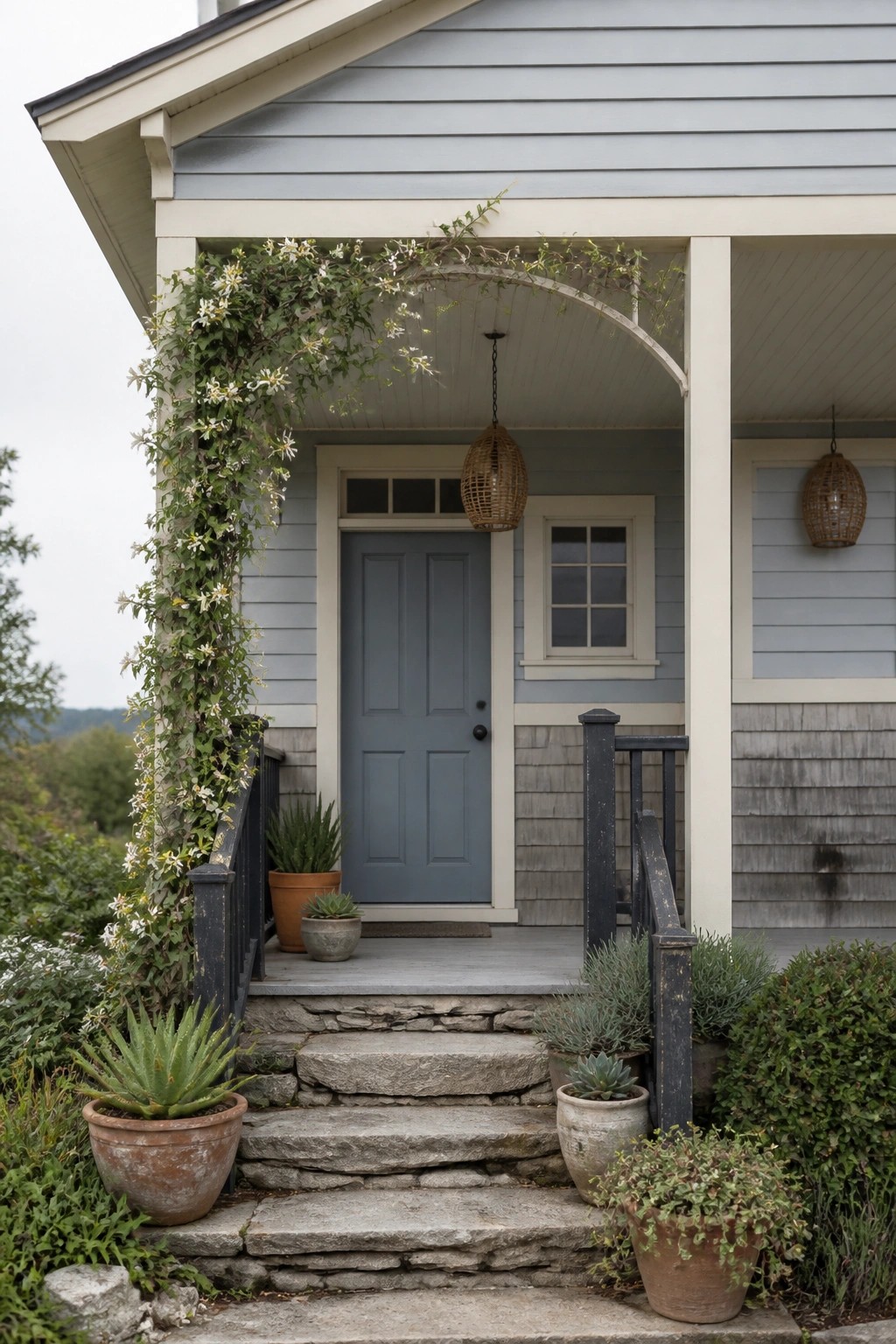 A house exterior with soft blue gray siding and a matching front door.