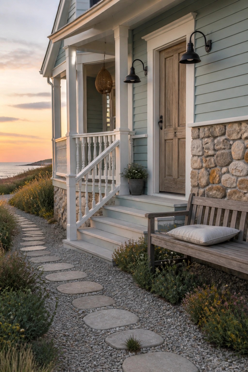 Light blue green siding on a coastal house with white trim and stone foundation.
