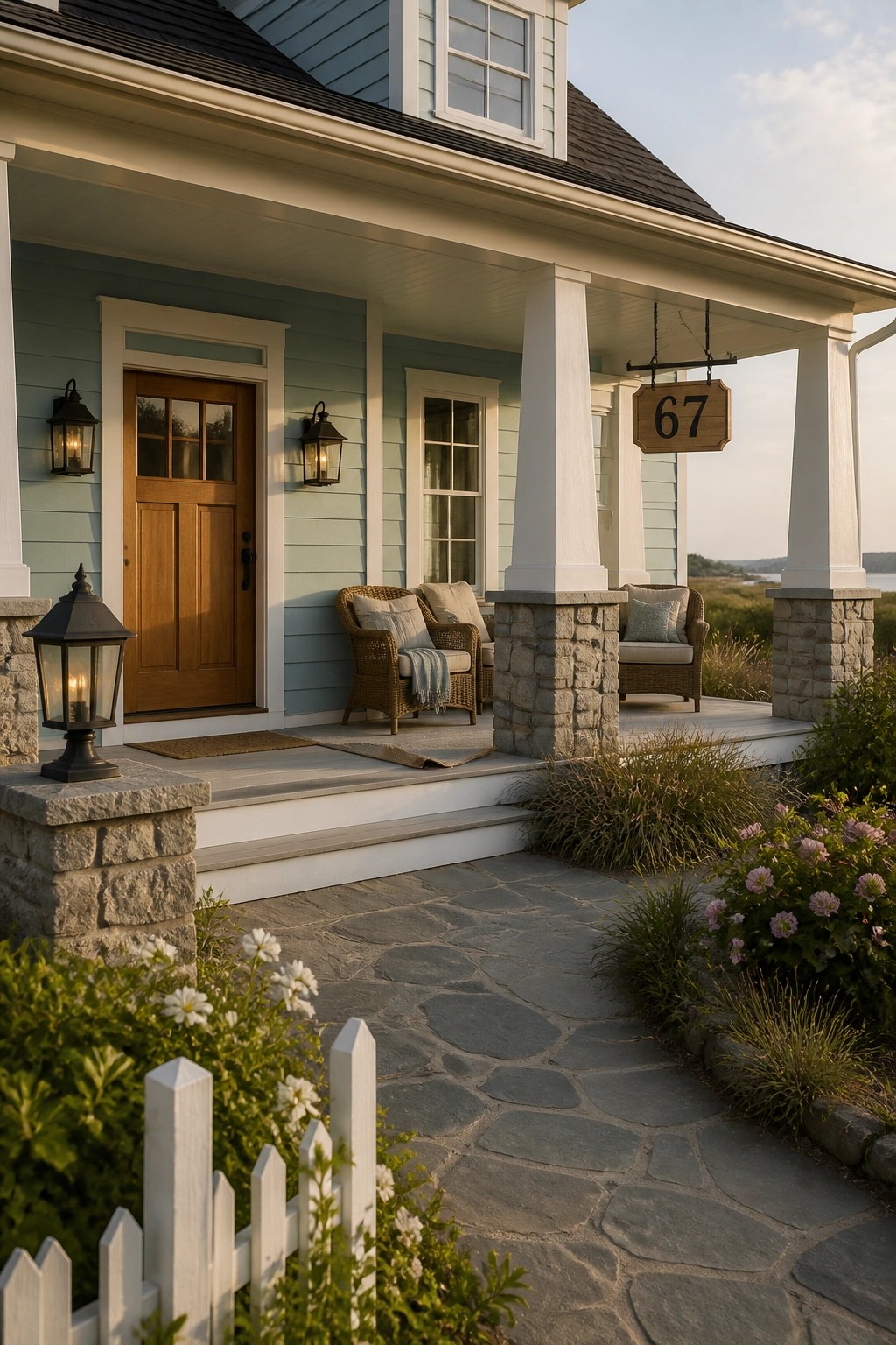 Light blue house porch with wicker chairs, lanterns, stone path, and flower garden