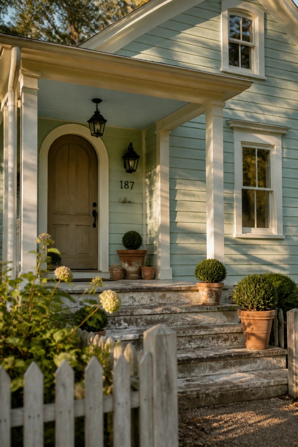 Light blue-green siding on a house exterior with white trim and a front porch.