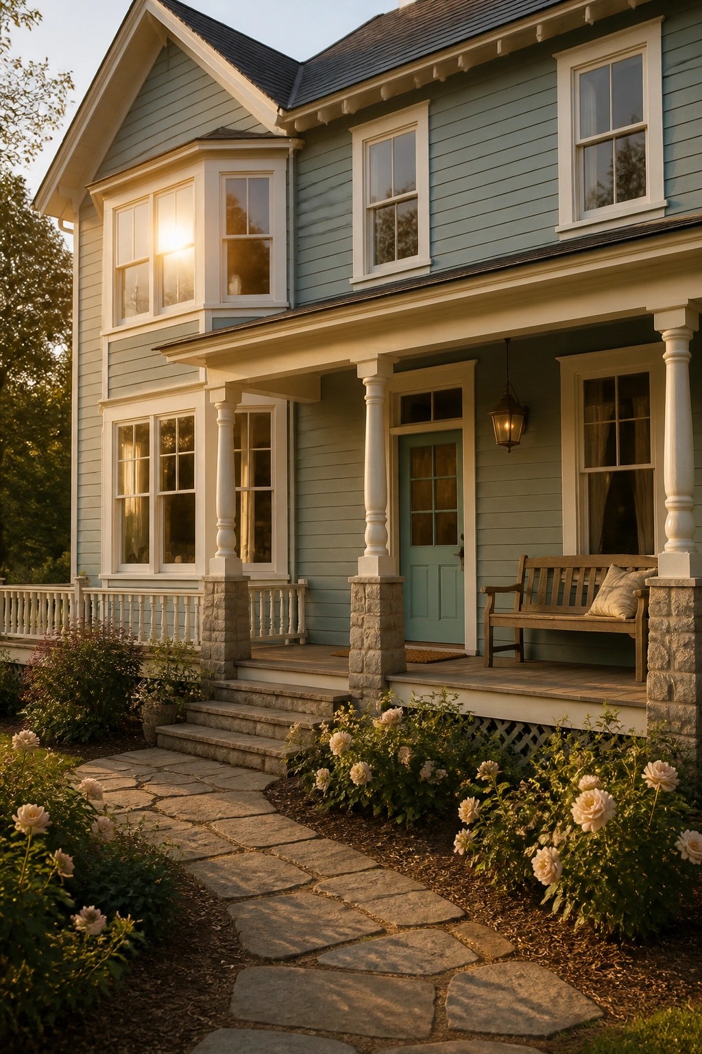Light blue house with white porch, wooden bench, stone path, and blooming flowers.