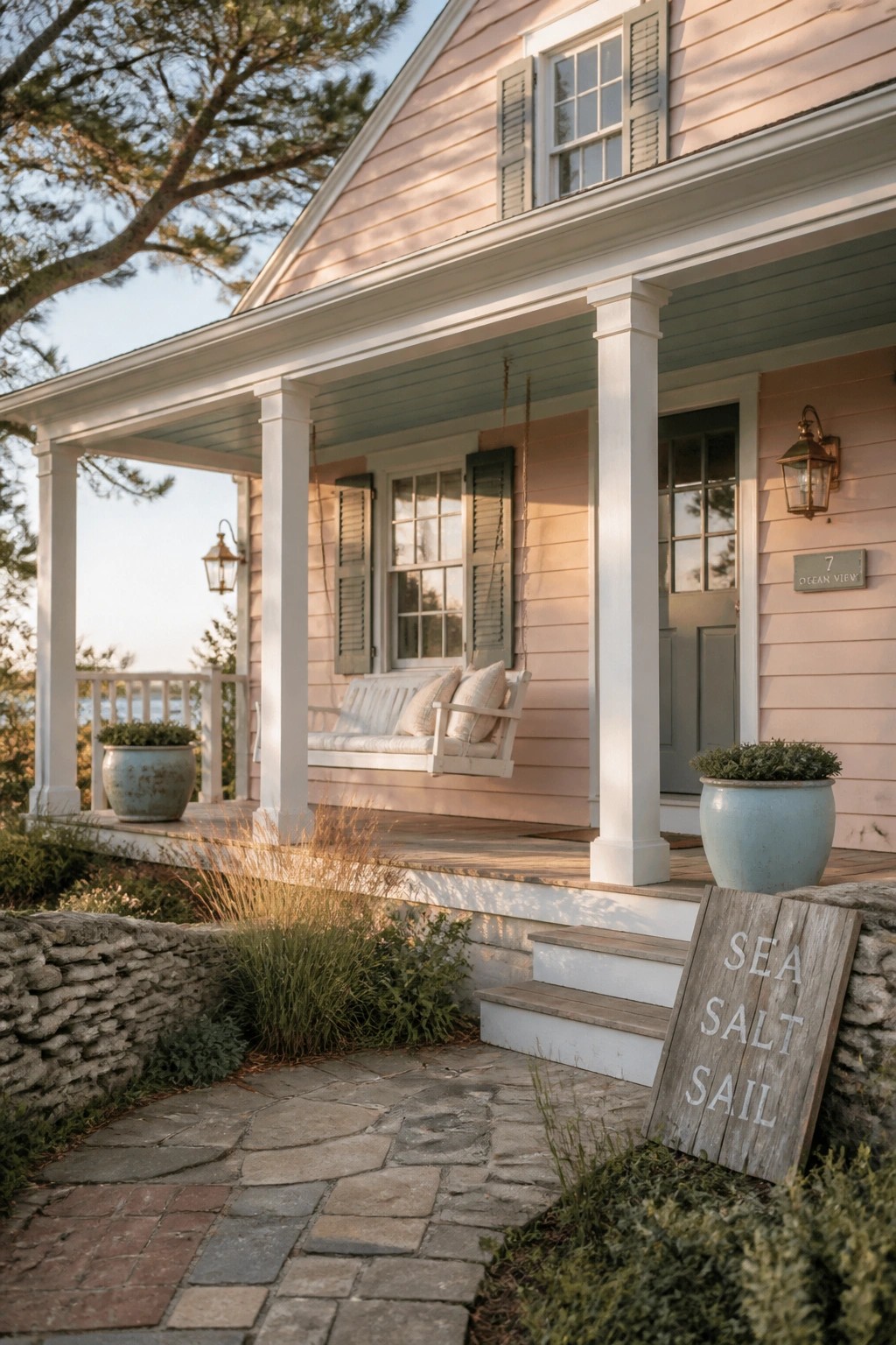 A coastal house with soft pink siding and white trim on the porch.