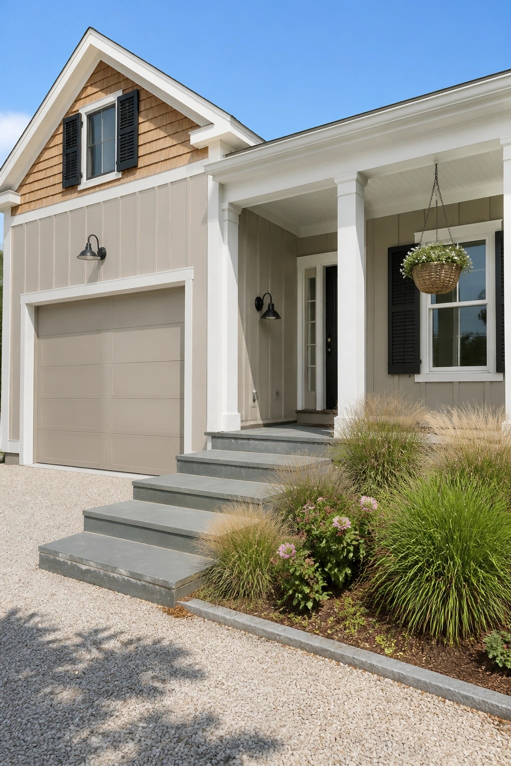 A coastal farmhouse exterior with soft greige siding and white trim.