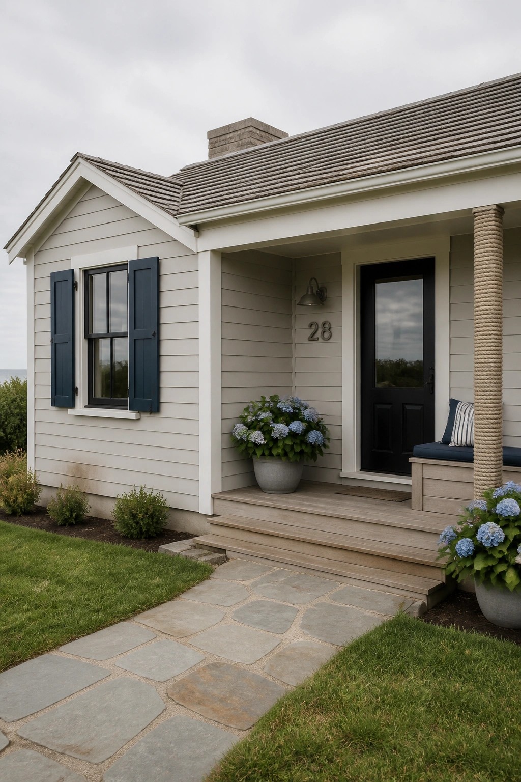 A coastal farmhouse exterior painted in soft greige siding with a front porch.