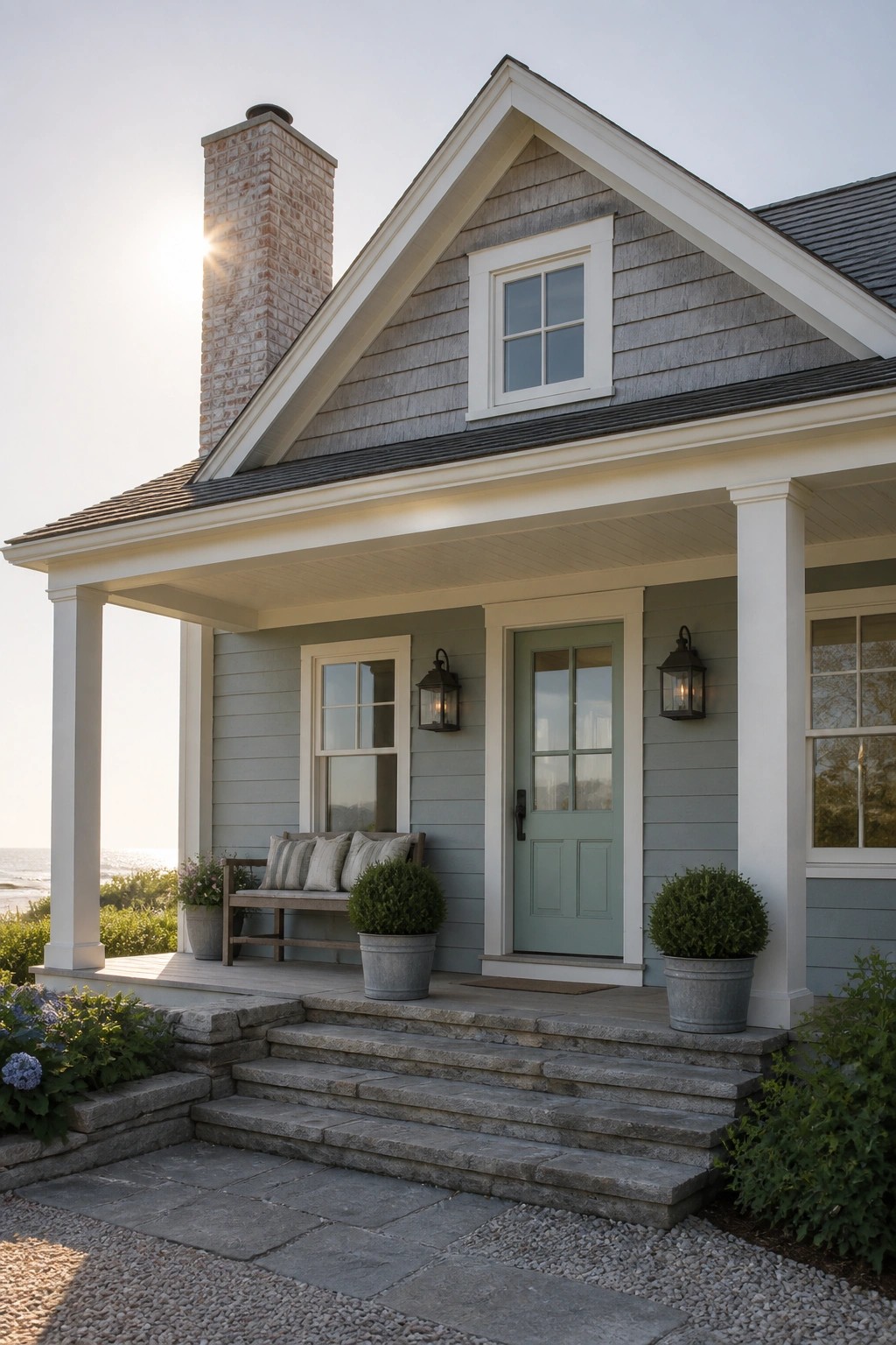 Gray shingled beach house with green door, porch, stone steps, and ocean view