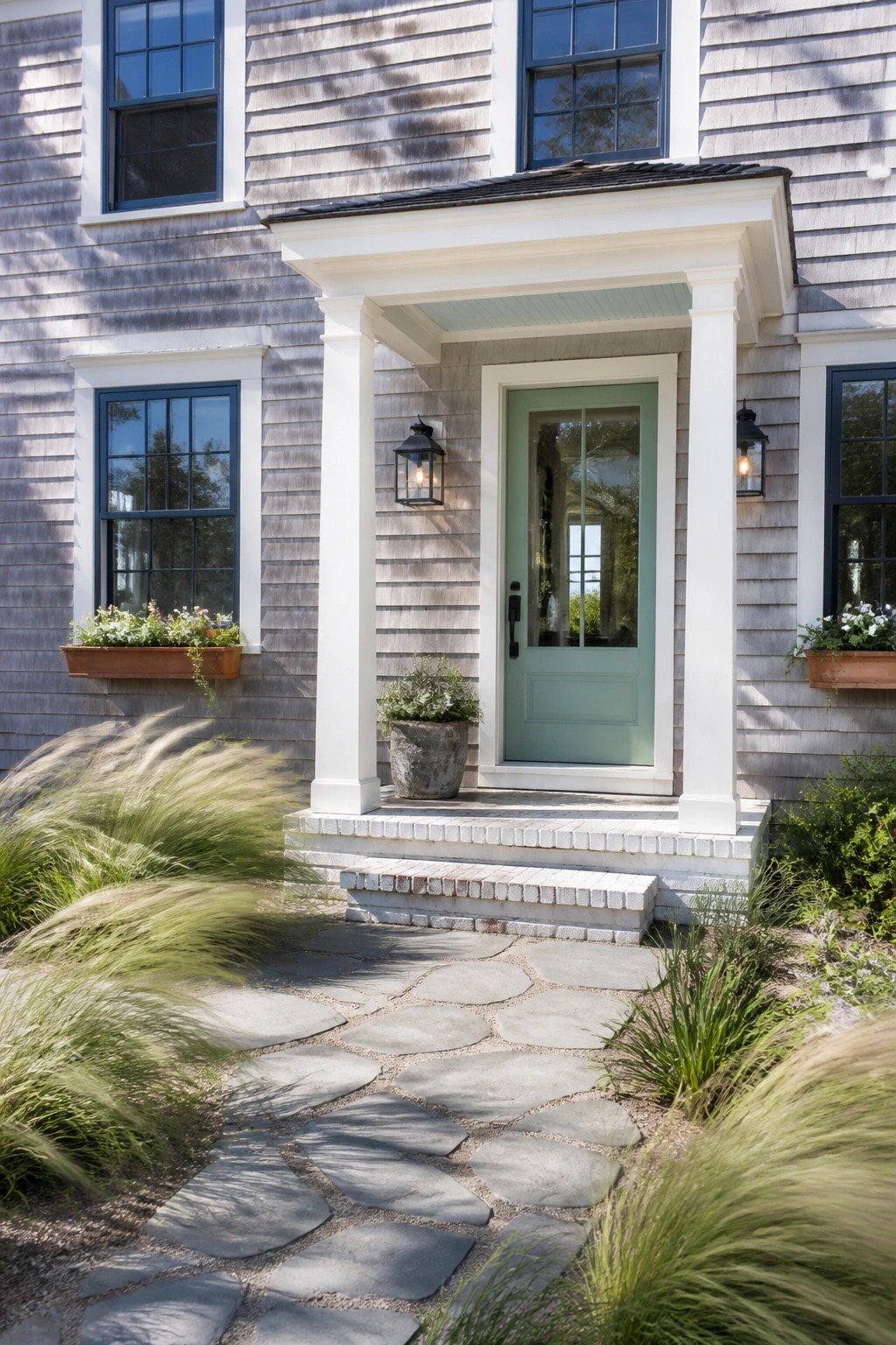 A soft sage green door on a gray shingled house with white columns and trim.