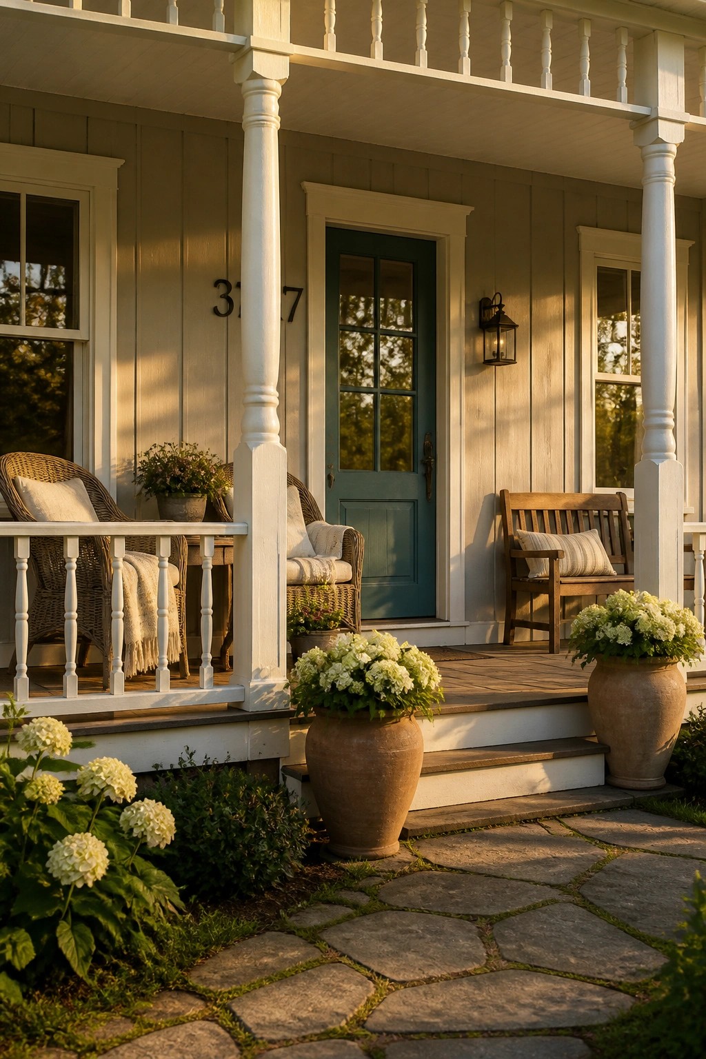 A house with soft sage green siding and white porch trim.