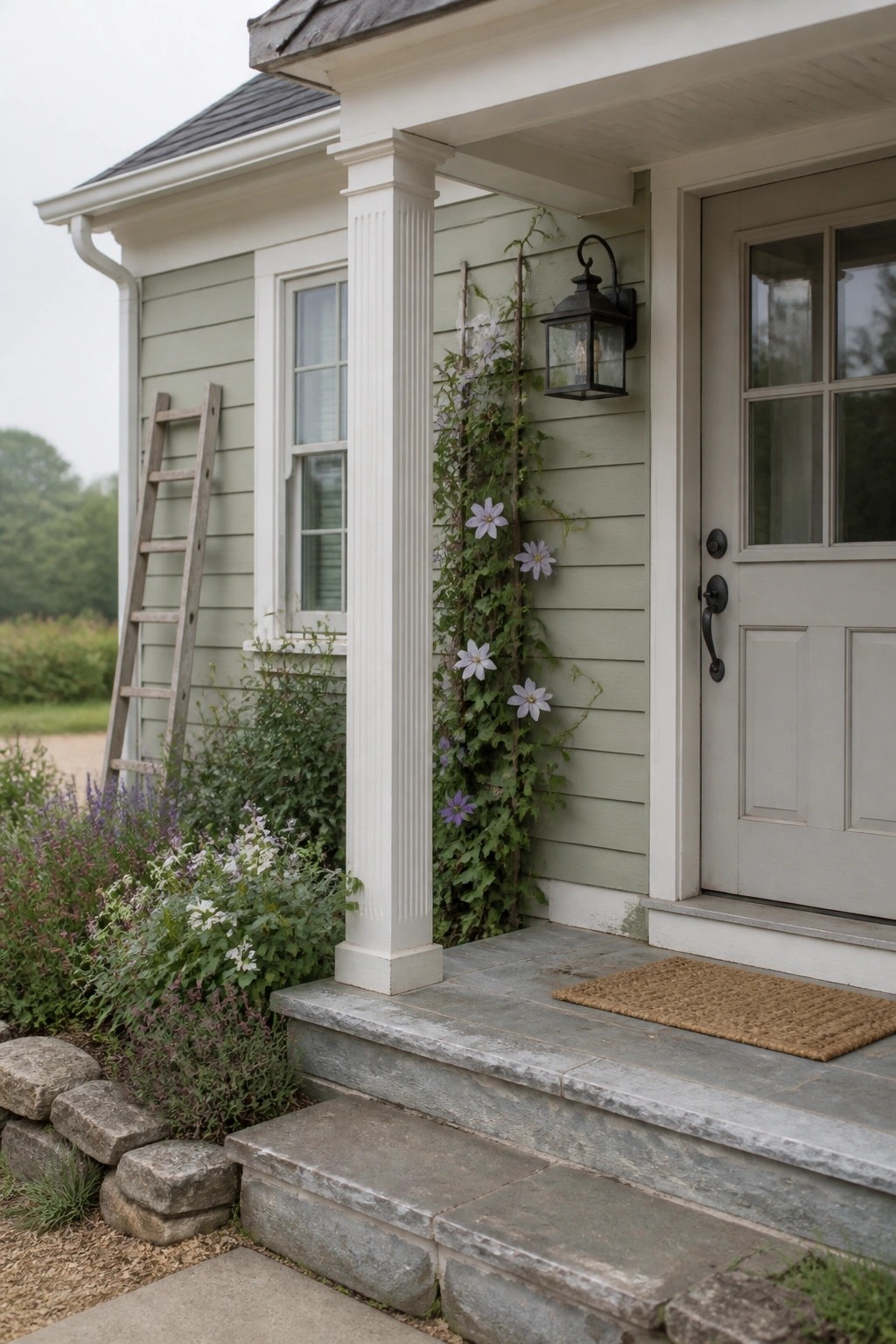 Front porch of green house with white door, column, lantern, and purple vines.