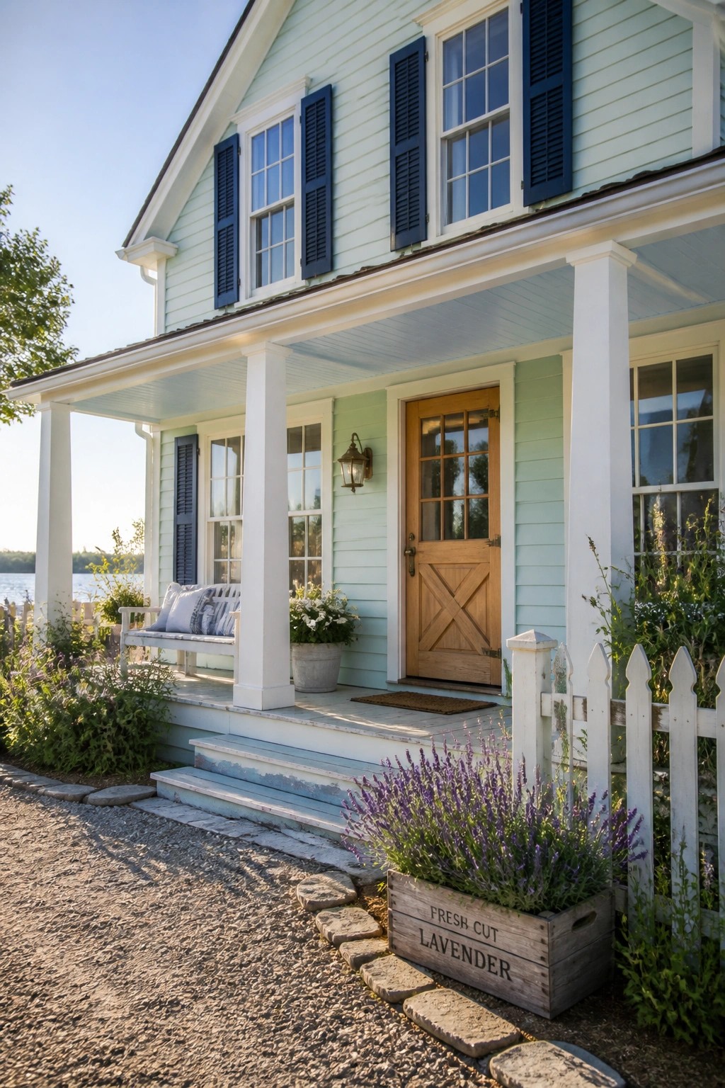 A house exterior painted in pale sage green with white porch columns and trim.