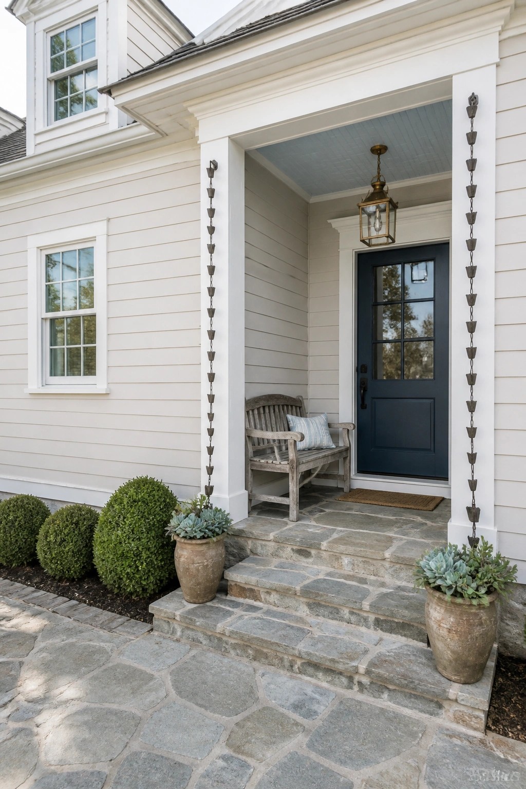 White house porch with navy door, wooden bench, stone steps, and potted plants.